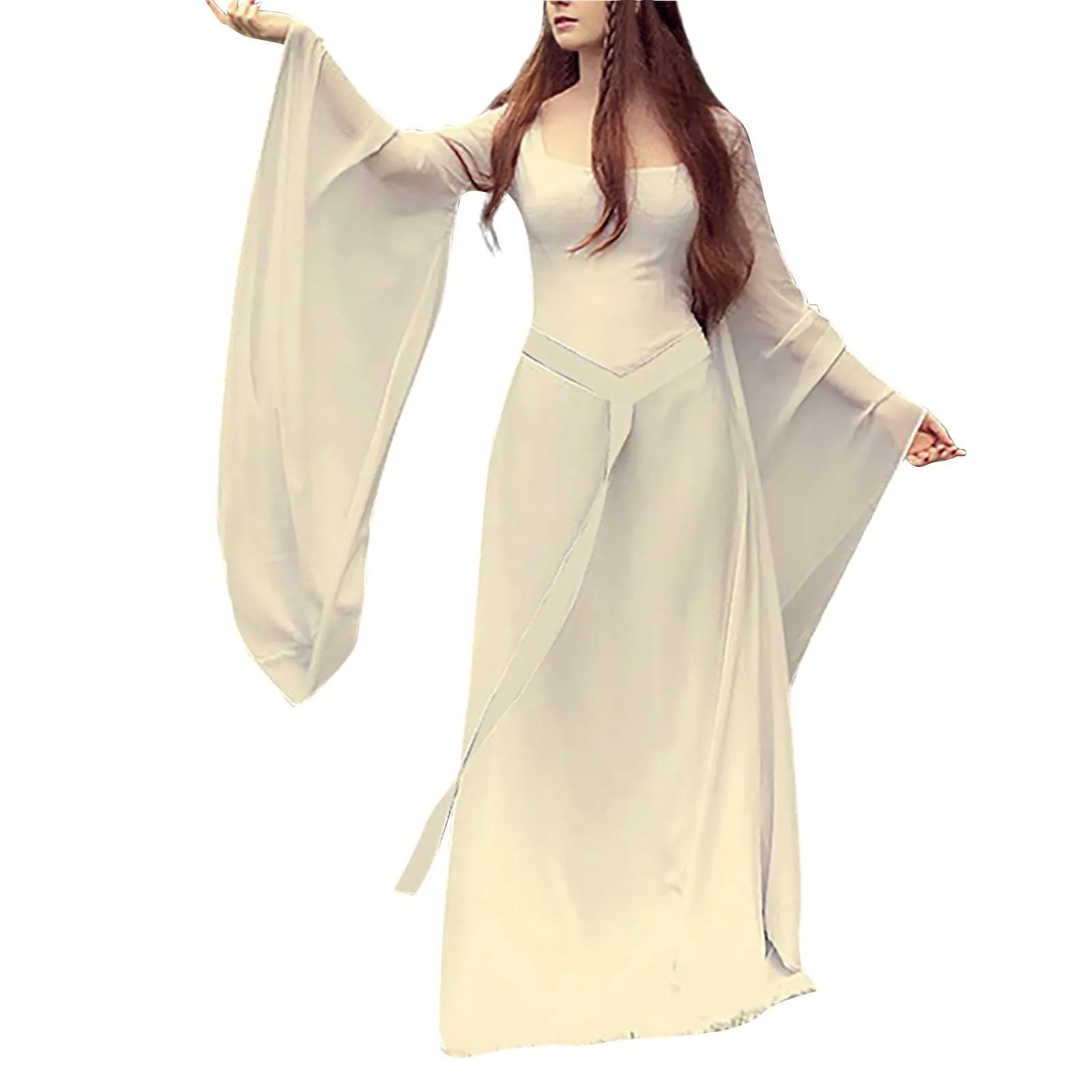 Abito medievale da donna, a maniche a tromba, per feste, da pavimento, in chiffon, stile retrò, per cosplay, da donna, performance, vestito balza, beige., M - immagine 1