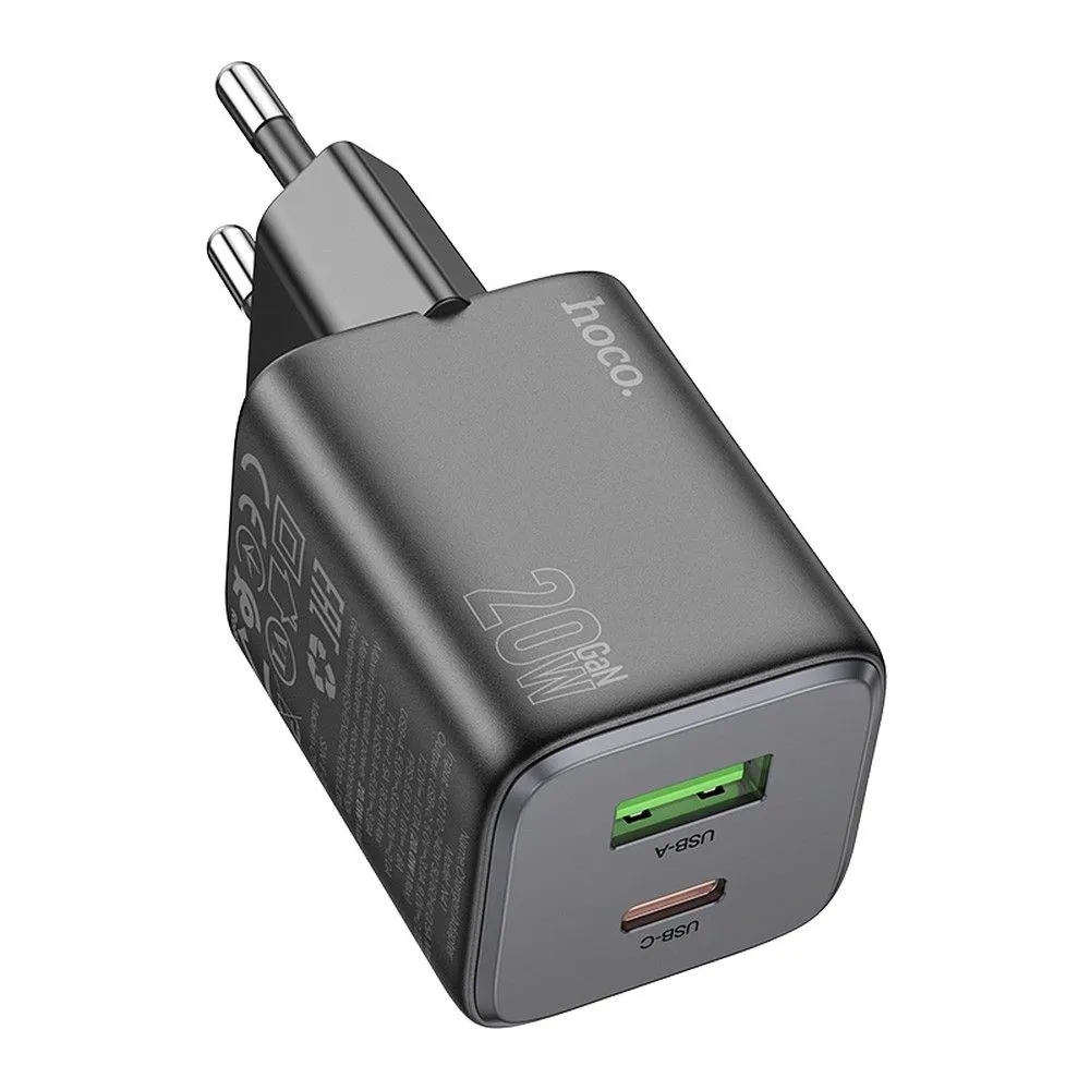 Caricabatterie Rete HOCO N41, 20W, 3A, 1 x USB-A - 1 x USB-C, Nero - immagine 1