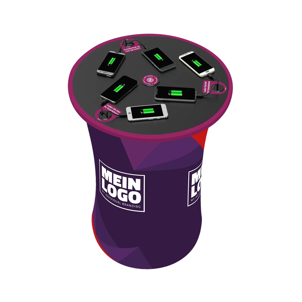 akkut Tavolino alto da bar mobile CHAT EXPO dal design personalizzato con cavi di ricarica per smartphone e ricarica wireless; 59x59x100 cm (LxLxH); multicolore; struttura nero - immagine 1