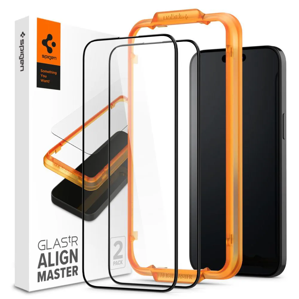 Pellicola Protettiva Schermo Spigen GlastR Align Master per Apple iPhone 15, Vetro Temperato, Full Glue, Set 2 pezzi, Nera AGL06906 - immagine 1