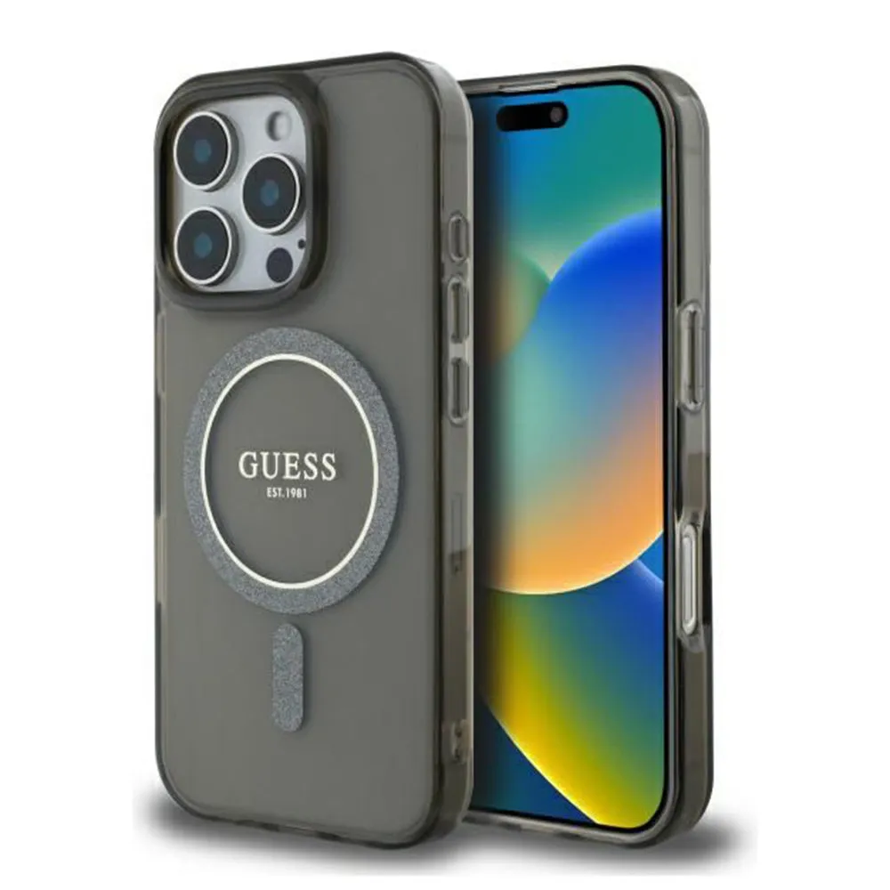 Custodia MagSafe per Apple iPhone 16 Pro, Guess, IML Glitter Ring, Nera - immagine 1