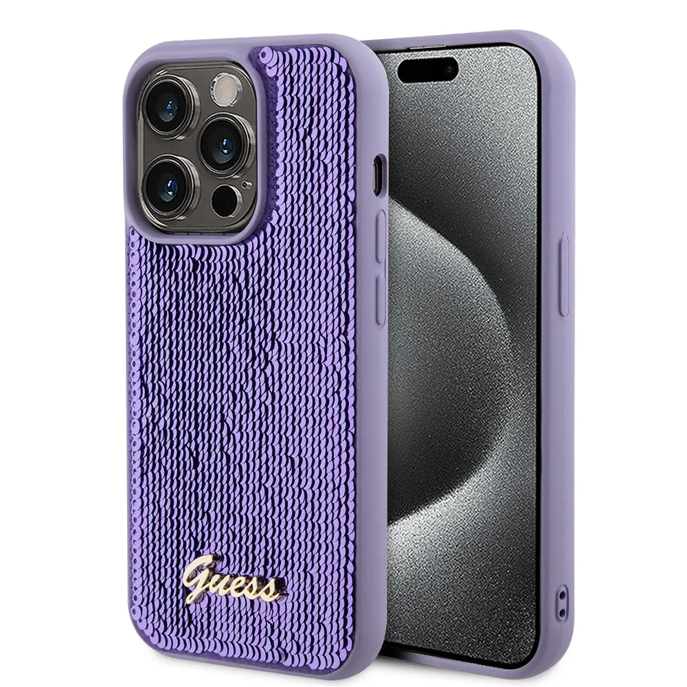 Custodia per Apple iPhone 15 Pro, Guess, Sequin Script Metal, Viola - immagine 1