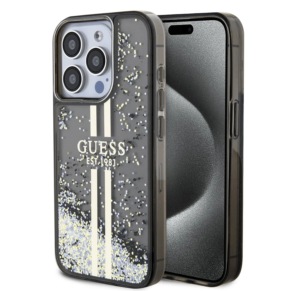 Custodia per Apple iPhone 15 Pro, Guess, Liquid Glitter Gold Stripe, Nera - immagine 1