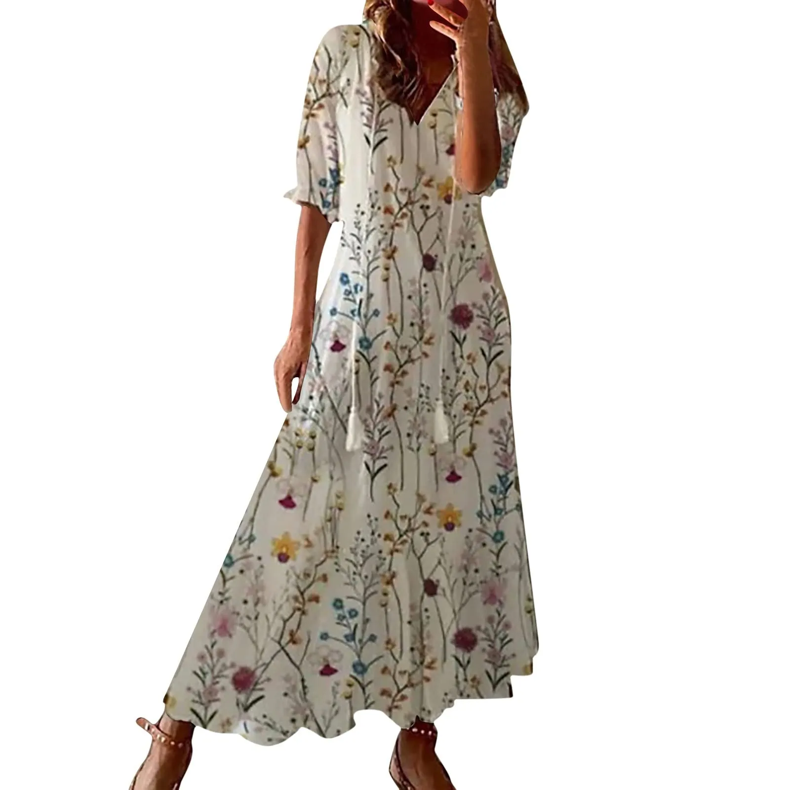 Generico Vestiti Estivi Donna Cotone - Abito Donna Lungo Elegante Sexy Scollo a V Manica Corta Vestito Elegante con Volant Orlo Abito Lungo Maxi Spiaggia Vestito Estivo Casual - immagine 1
