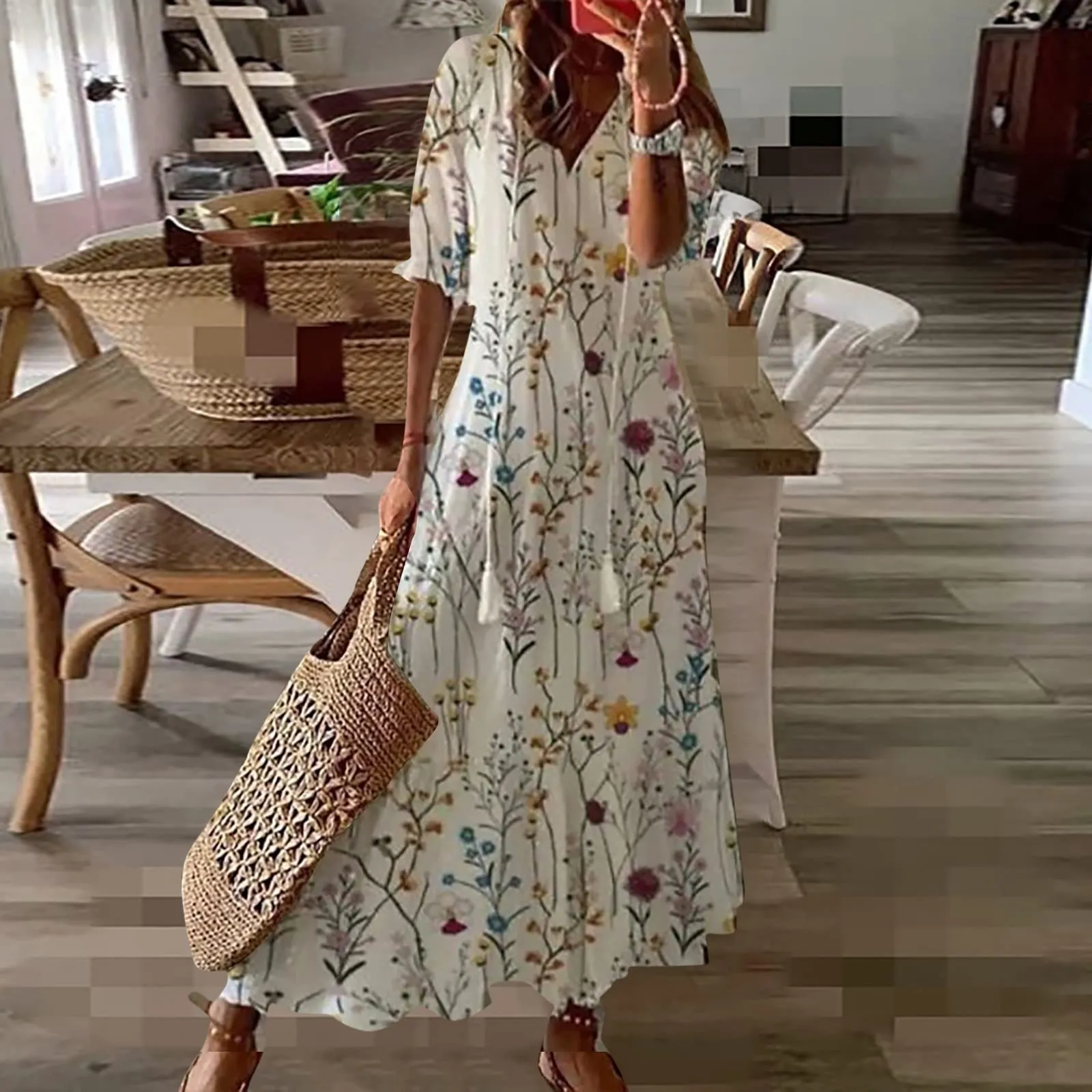 Generico Vestiti Estivi Donna Cotone - Abito Donna Lungo Elegante Sexy Scollo a V Manica Corta Vestito Elegante con Volant Orlo Abito Lungo Maxi Spiaggia Vestito Estivo Casual - immagine 3