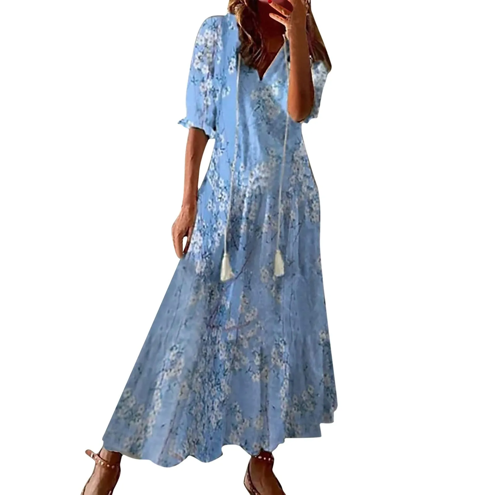 Generico Vestito Donna Estivo Lungo,Abiti Estivi Donna CasualSexy Scollo a V Manica Corta Vestito Elegante con Volant Orlo Abito Lungo Maxi Vestiti da Vacanze Spiaggia - immagine 1