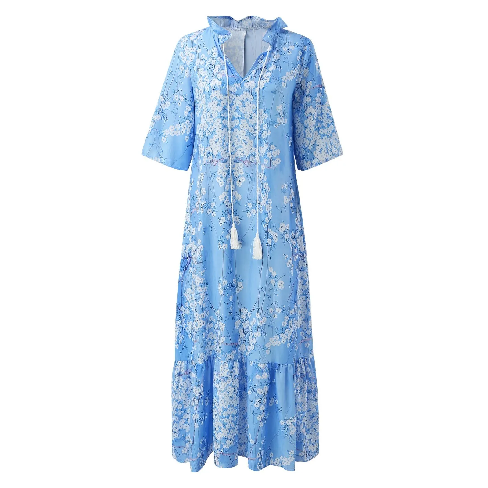 Generico Vestito Donna Estivo Lungo,Abiti Estivi Donna CasualSexy Scollo a V Manica Corta Vestito Elegante con Volant Orlo Abito Lungo Maxi Vestiti da Vacanze Spiaggia - immagine 2