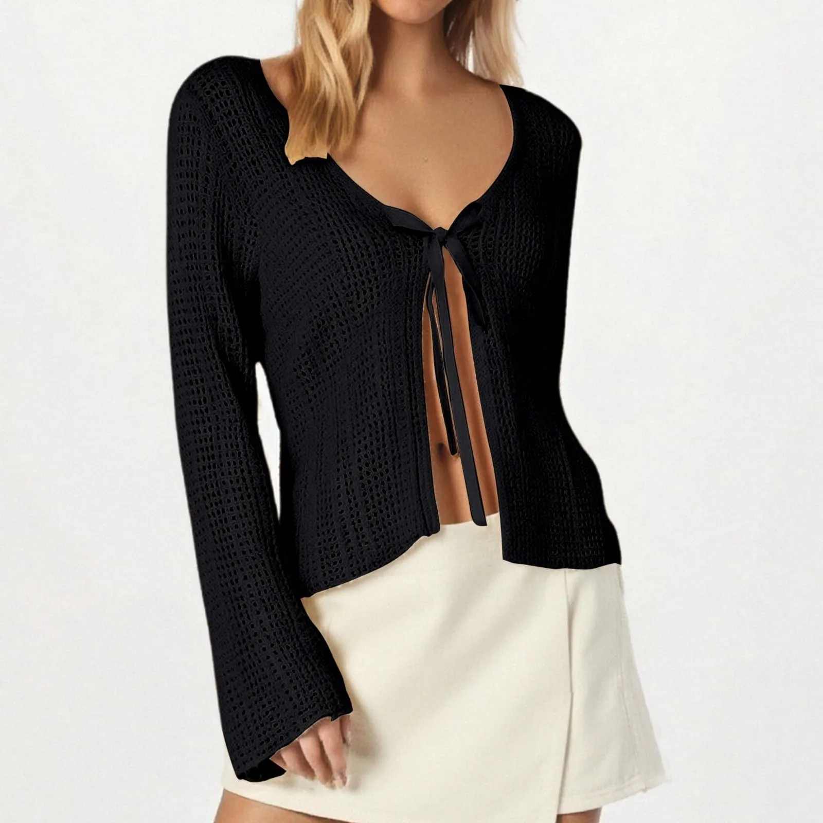 Vhersily Cardigan da donna leggero all'uncinetto con nodo anteriore coprispalle lavorato a maglia crop top, a Maniche Lunghe con Scollo a V Top per la Primavera, L'Estate e L'autunno - immagine 2