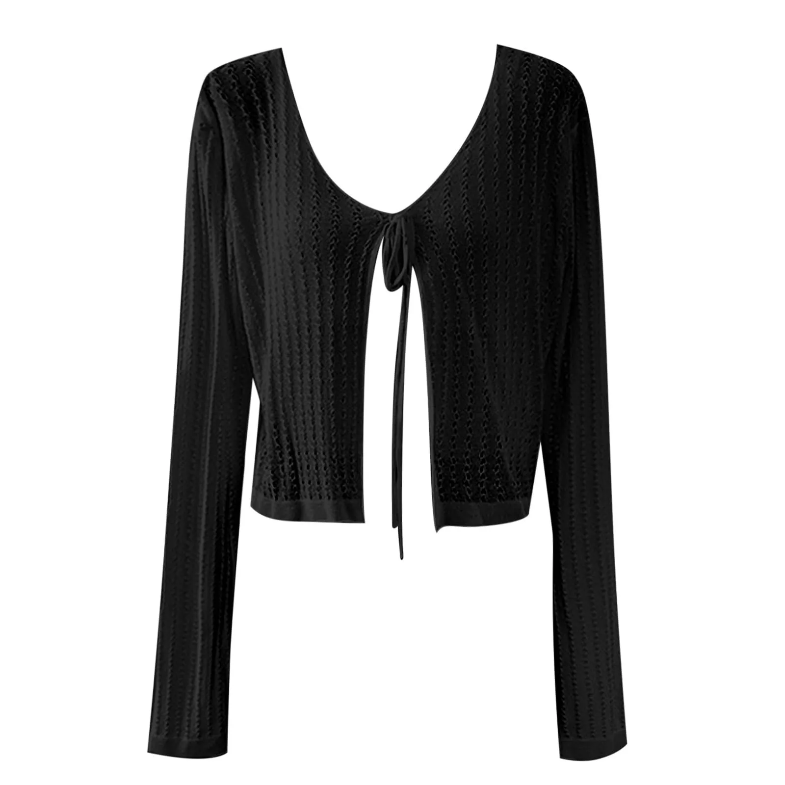 Vhersily Cardigan da donna leggero all'uncinetto con nodo anteriore coprispalle lavorato a maglia crop top, a Maniche Lunghe con Scollo a V Top per la Primavera, L'Estate e L'autunno - immagine 4