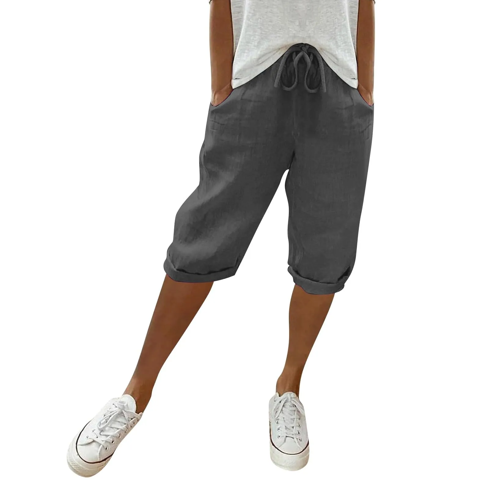 Pantaloni Pinocchietto Lino Donna Bermuda Sportivi Casual Da Donna Pinocchietti Capri Estivi Leggeri Pantaloni 3/4 Di Cotone Baggy Pantalone Al Ginocchio a Gamba Larga Pants Eleganti Traspiranti - immagine 2