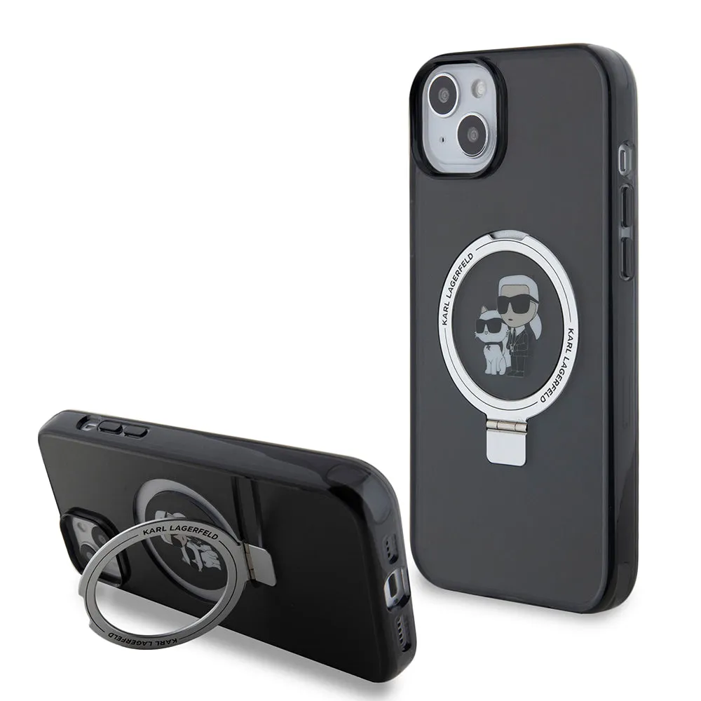 Custodia per Apple iPhone 15 Plus, Karl Lagerfeld, Ringstand Karl & Choupette, Nera - immagine 1