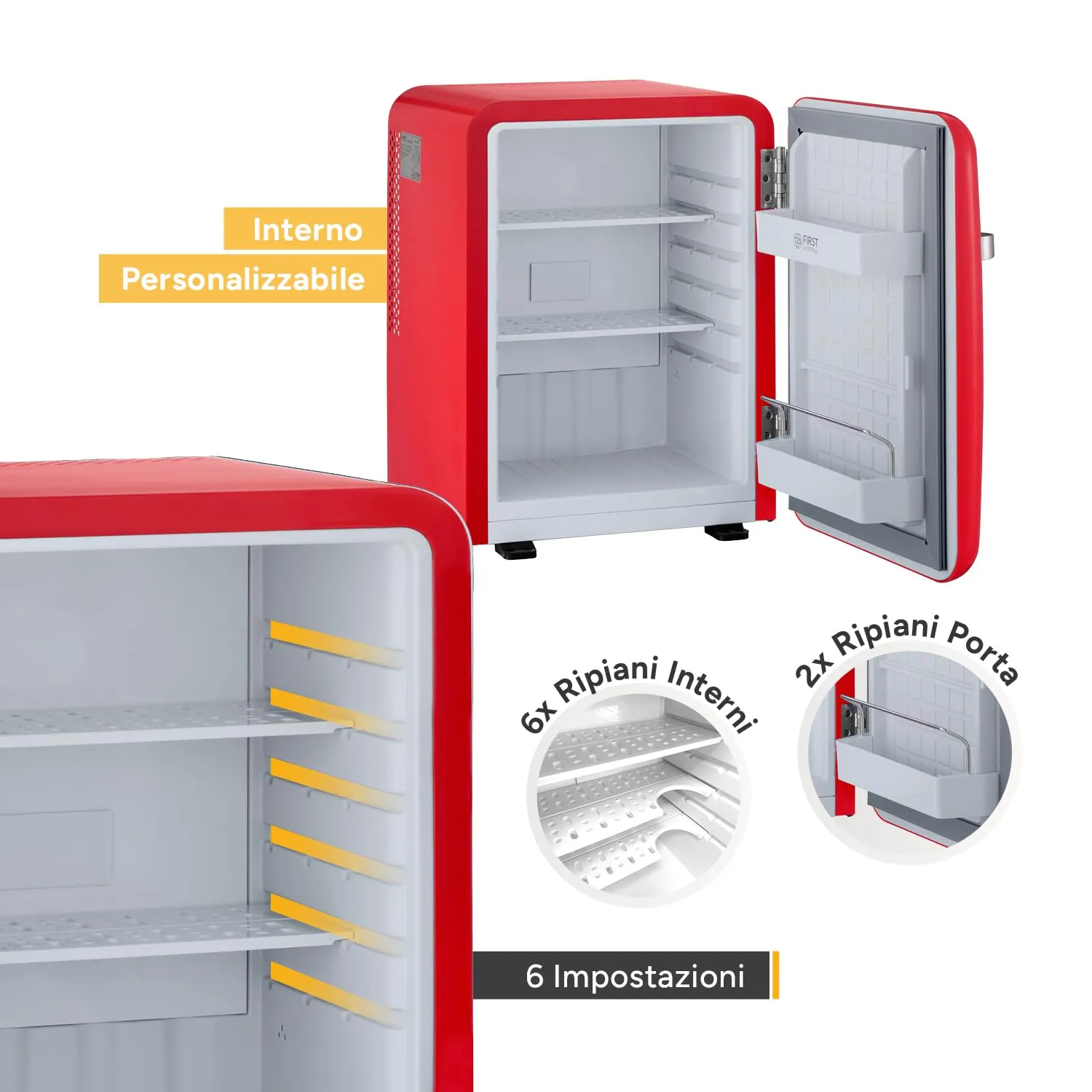 TZS First Austria - Mini Frigorifero Retrò 40L silenzioso - Piccolo Minifrigo design vintage con luce interna e 2 scomparti porta - Minibar per campeggio, ufficio, camera da letto e hotel - rosso - immagine 4