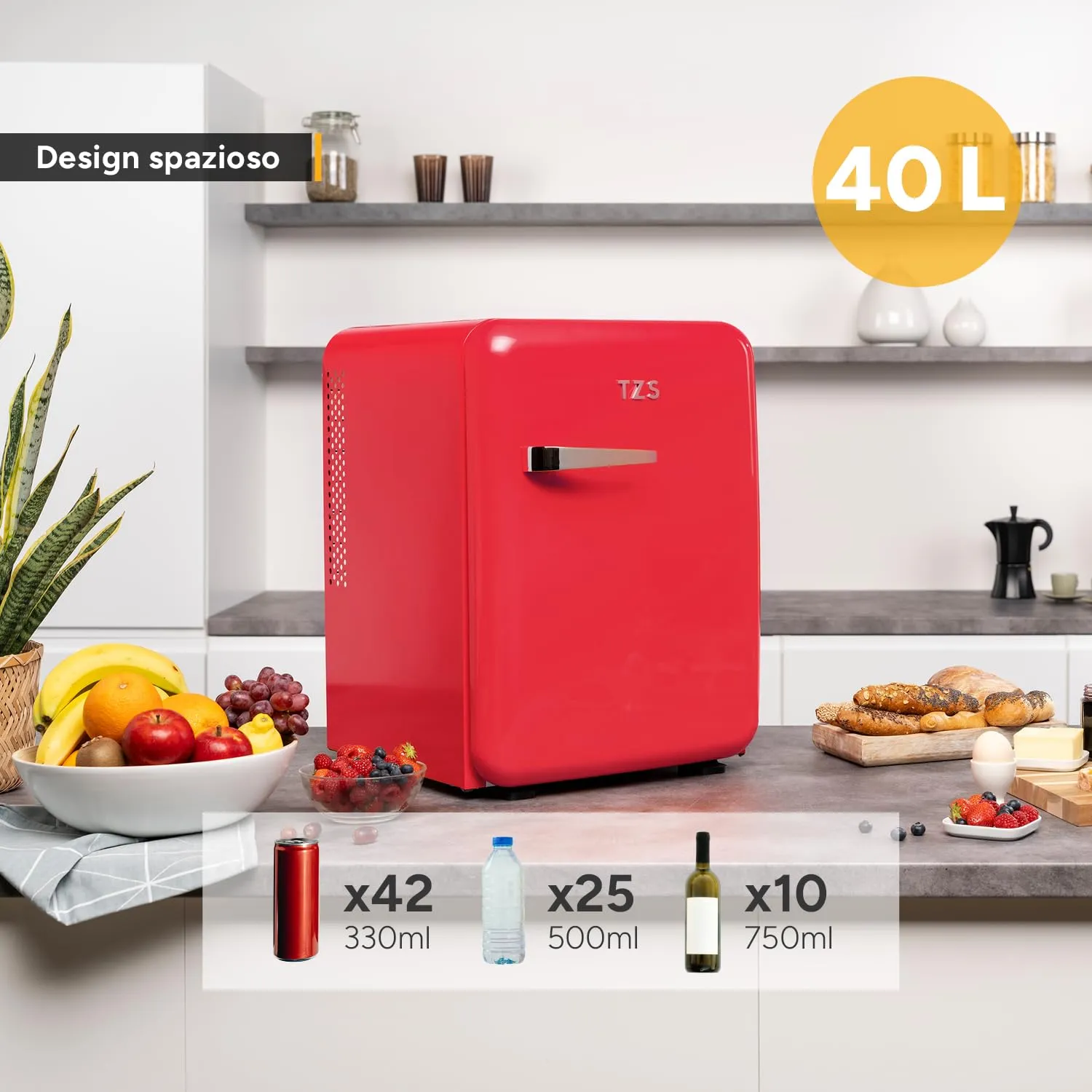 TZS First Austria - Mini Frigorifero Retrò 40L silenzioso - Piccolo Minifrigo design vintage con luce interna e 2 scomparti porta - Minibar per campeggio, ufficio, camera da letto e hotel - rosso - immagine 5