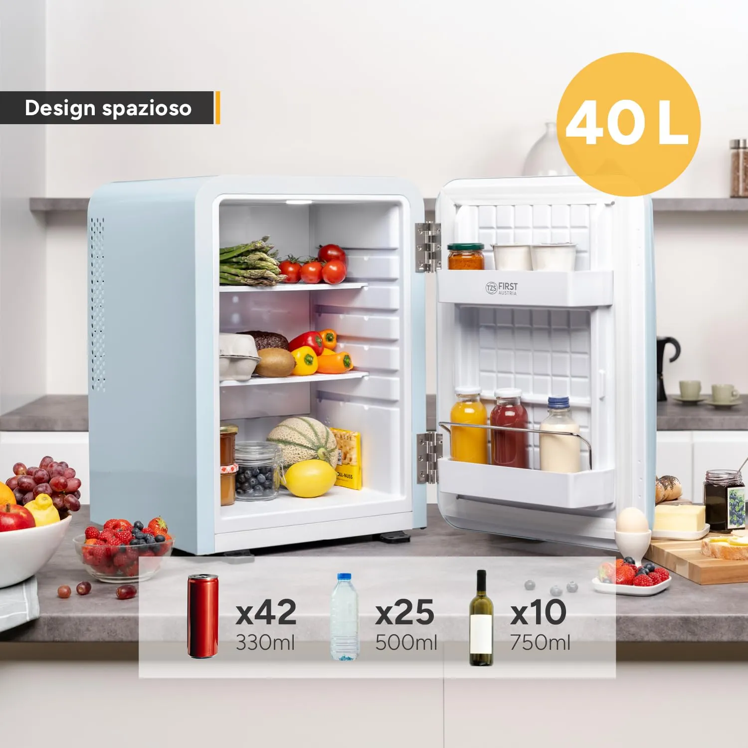 TZS First Austria - Mini Frigorifero Retrò 40L silenzioso - Piccolo Minifrigo design vintage con luce interna e 2 scomparti porta - Minibar per campeggio, ufficio, camera da letto e hotel - azzuro - immagine 5