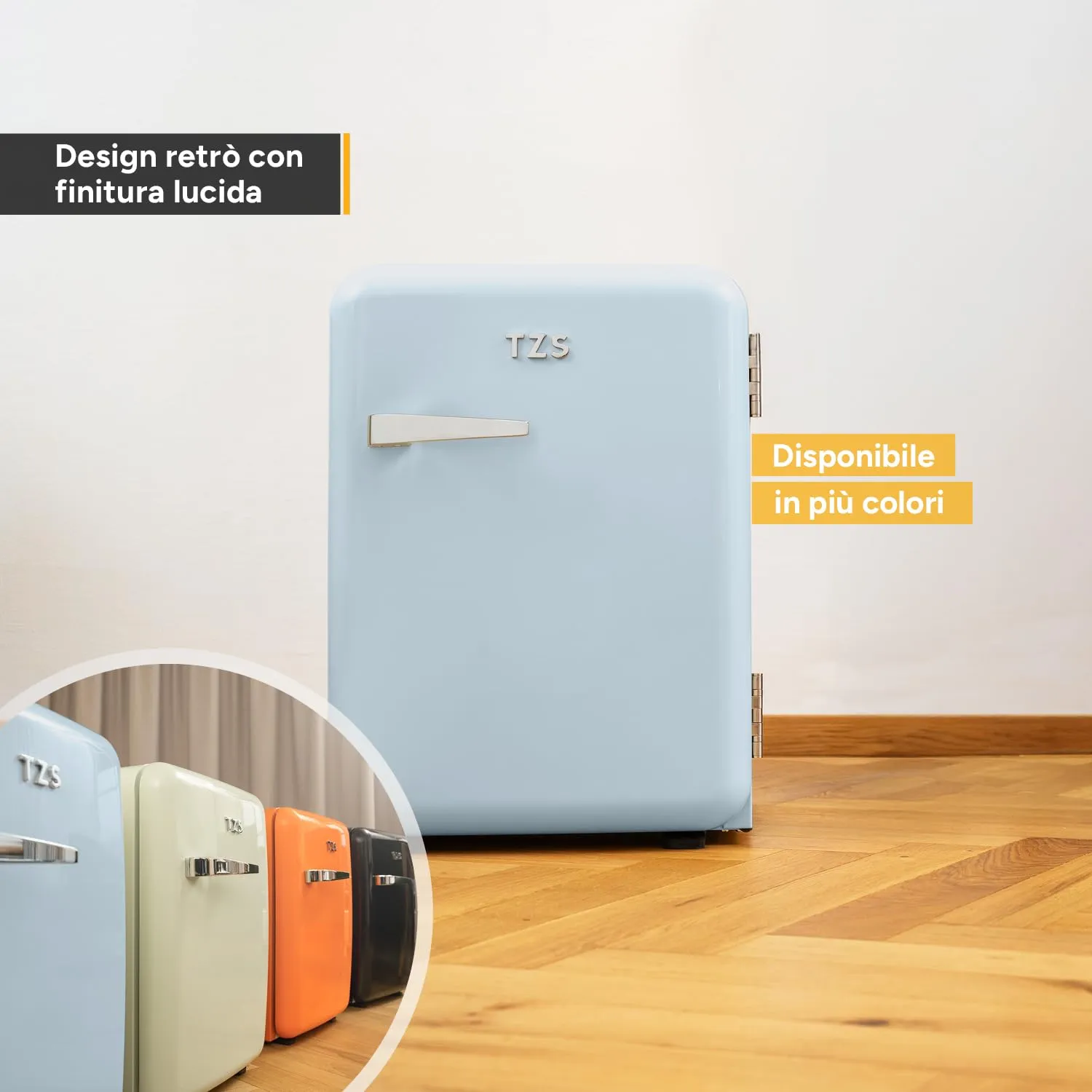 TZS First Austria - Mini Frigorifero Retrò 40L silenzioso - Piccolo Minifrigo design vintage con luce interna e 2 scomparti porta - Minibar per campeggio, ufficio, camera da letto e hotel - azzuro - immagine 6