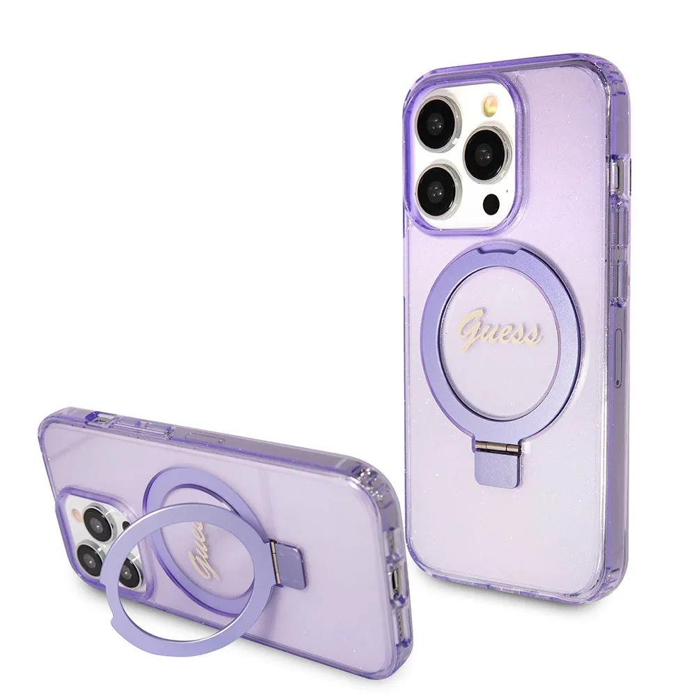 Custodia MagSafe per Apple iPhone 15 Pro, Guess, IML Ring Stand Glitter, Viola - immagine 1
