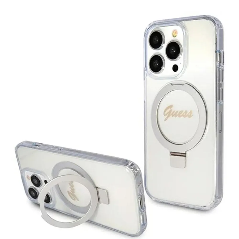 Custodia MagSafe per Apple iPhone 15 Pro, Guess, IML Ring Stand Glitter, Trasparente - immagine 1