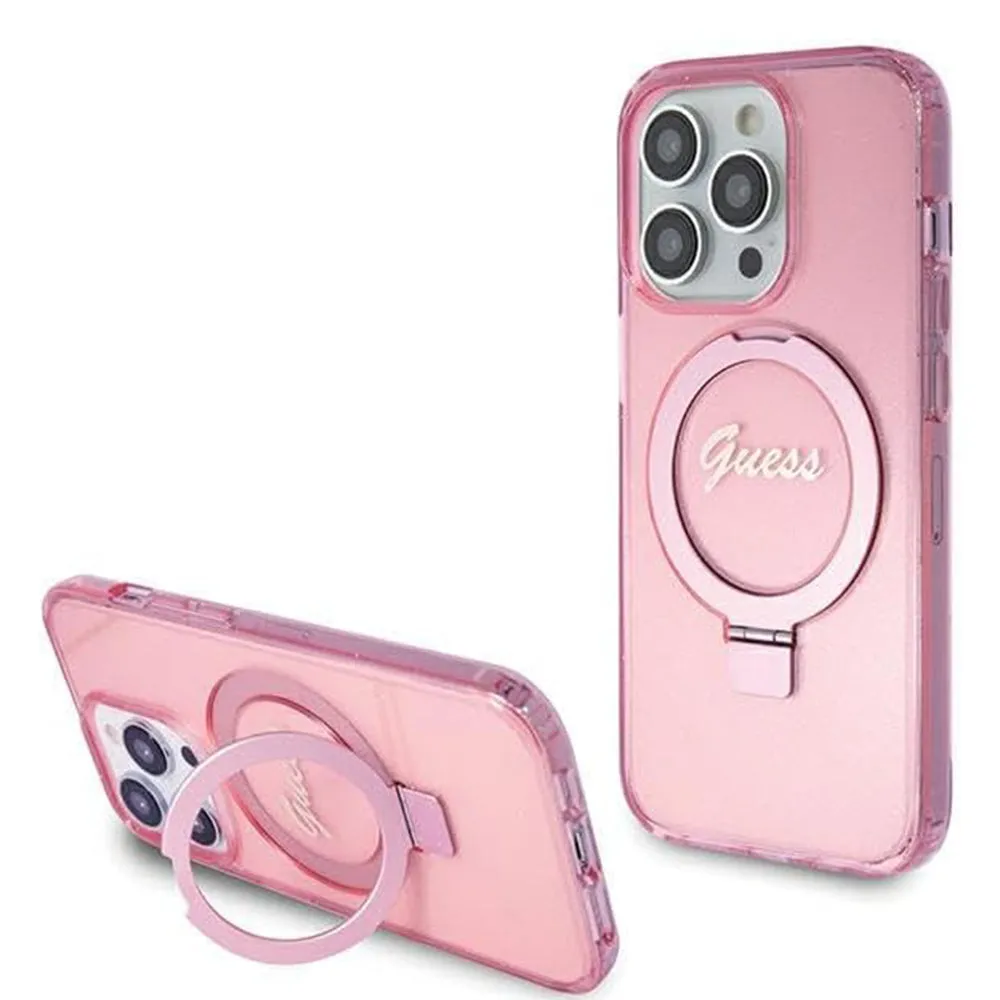 Custodia MagSafe per Apple iPhone 15 Pro, Guess, IML Ring Stand Glitter, Rosa - immagine 1