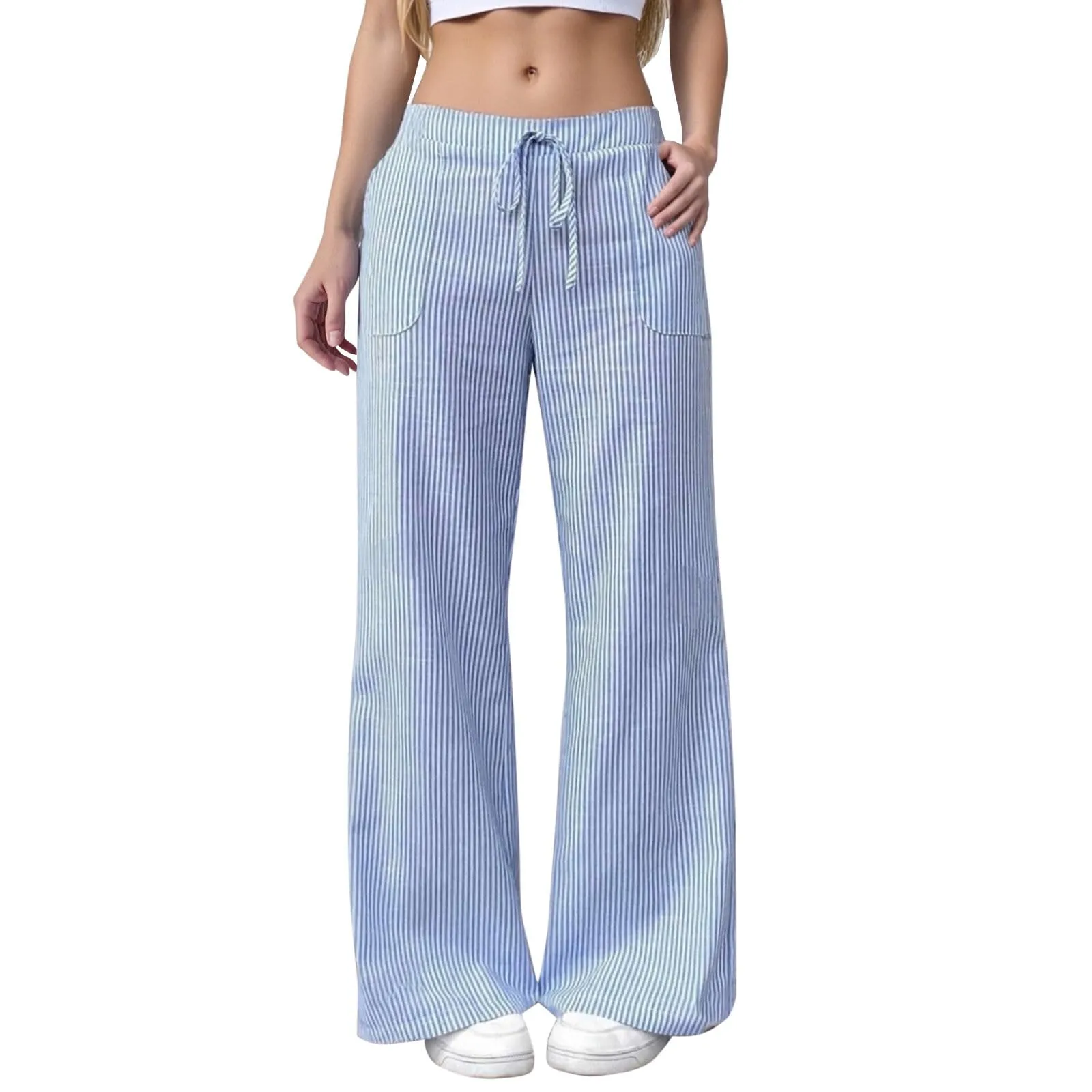 Pantaloni Sportivi Donna, Pantalone Donna Comodo,Casual in Lino a Righe Comodi e Morbidi per Il Tempo Libero e la Casa con Taglio Largo e Design Moderno - immagine 1