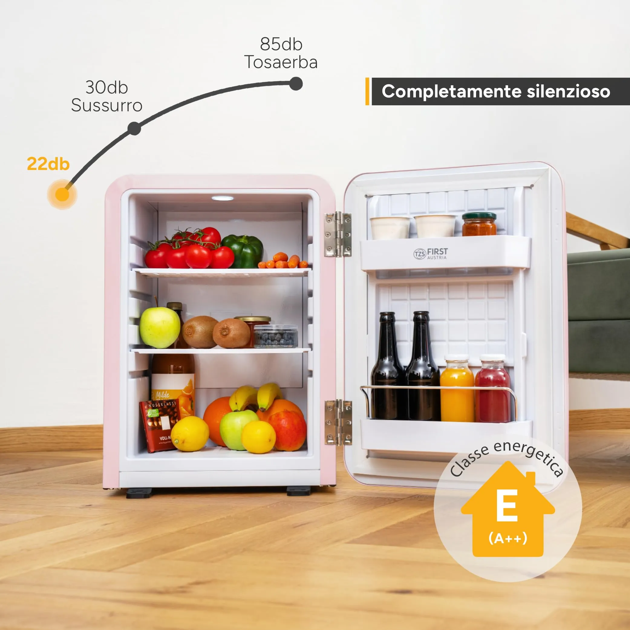TZS First Austria Mini Frigo Retro 40L - Silenzioso 22dB - Senza Compressore per Camera e Ufficio - Rosa - Frigorifero per Bevande - Design Vintage - immagine 3