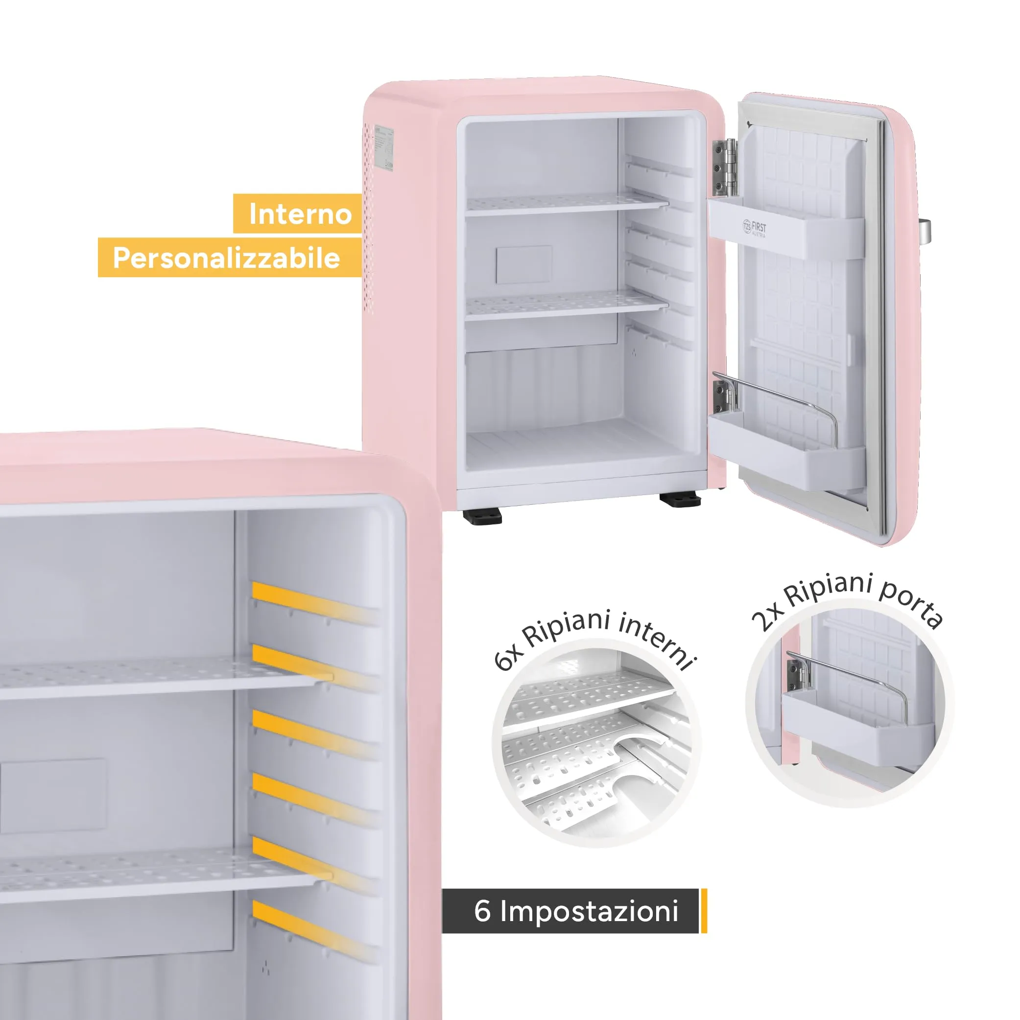 TZS First Austria Mini Frigo Retro 40L - Silenzioso 22dB - Senza Compressore per Camera e Ufficio - Rosa - Frigorifero per Bevande - Design Vintage - immagine 4