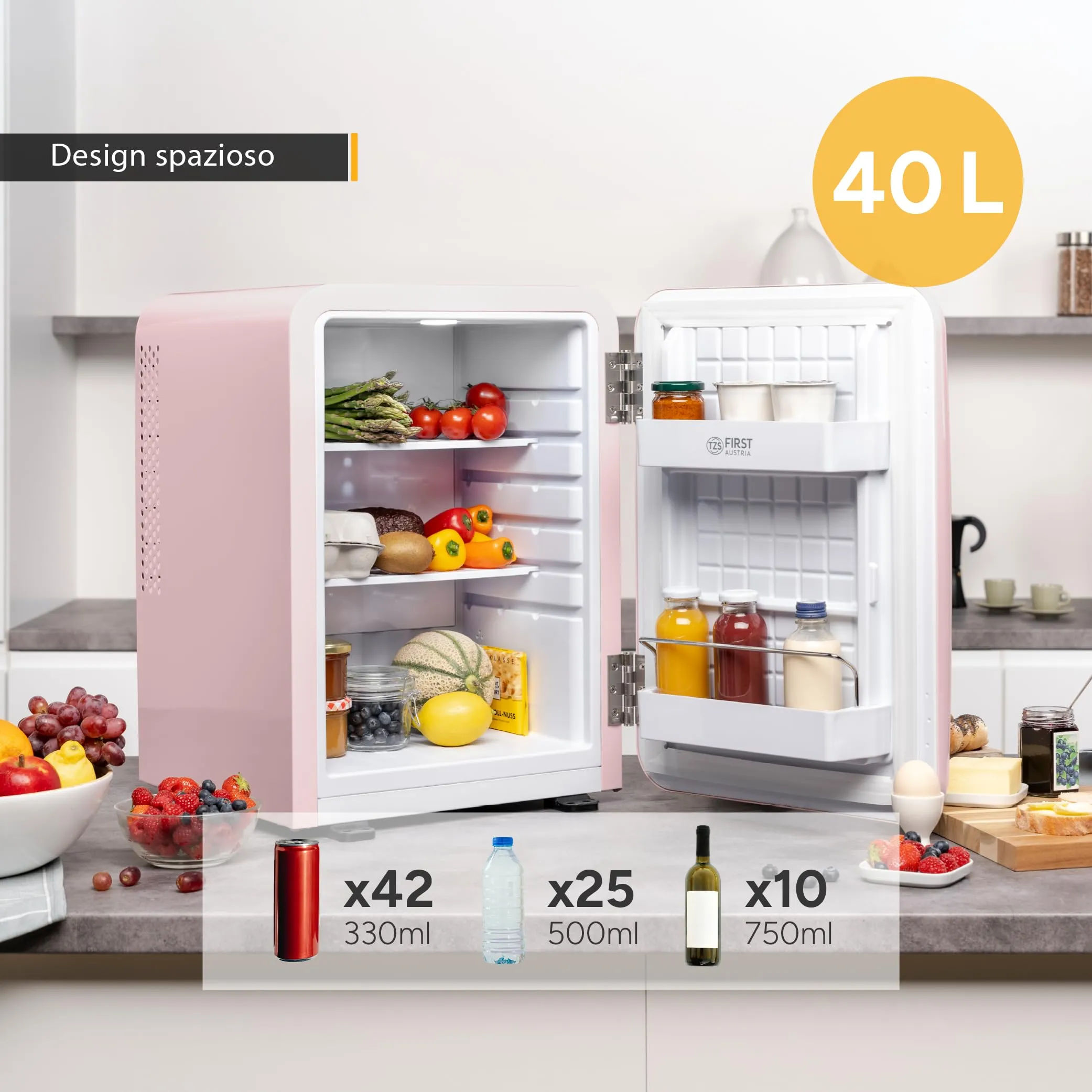 TZS First Austria Mini Frigo Retro 40L - Silenzioso 22dB - Senza Compressore per Camera e Ufficio - Rosa - Frigorifero per Bevande - Design Vintage - immagine 5