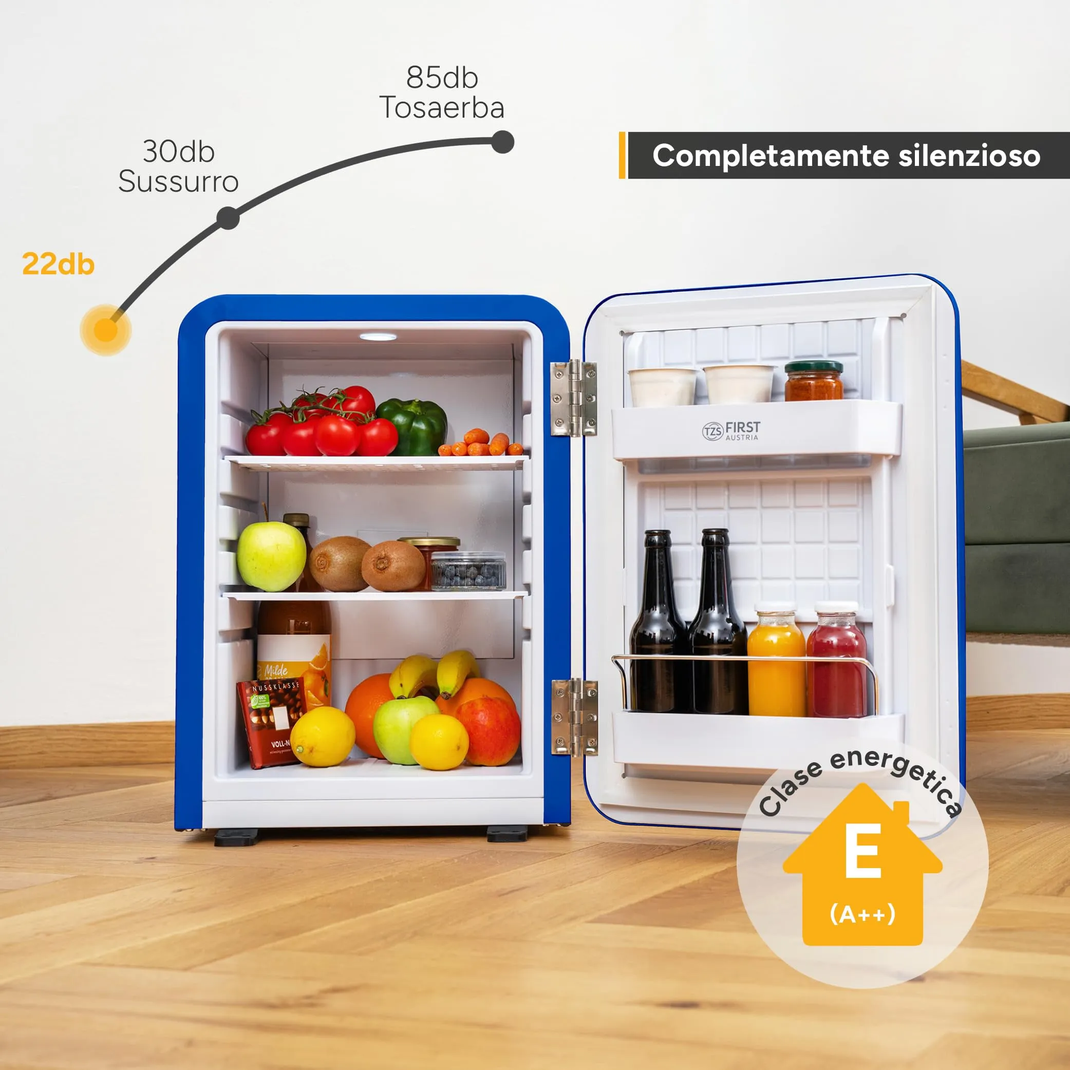 TZS First Austria - Mini Frigo Retro 40L - Silenzioso 22dB - Senza Compressore per Camera e Ufficio - Blu scuro - Frigorifero per Bevande - Design Vintage - immagine 3