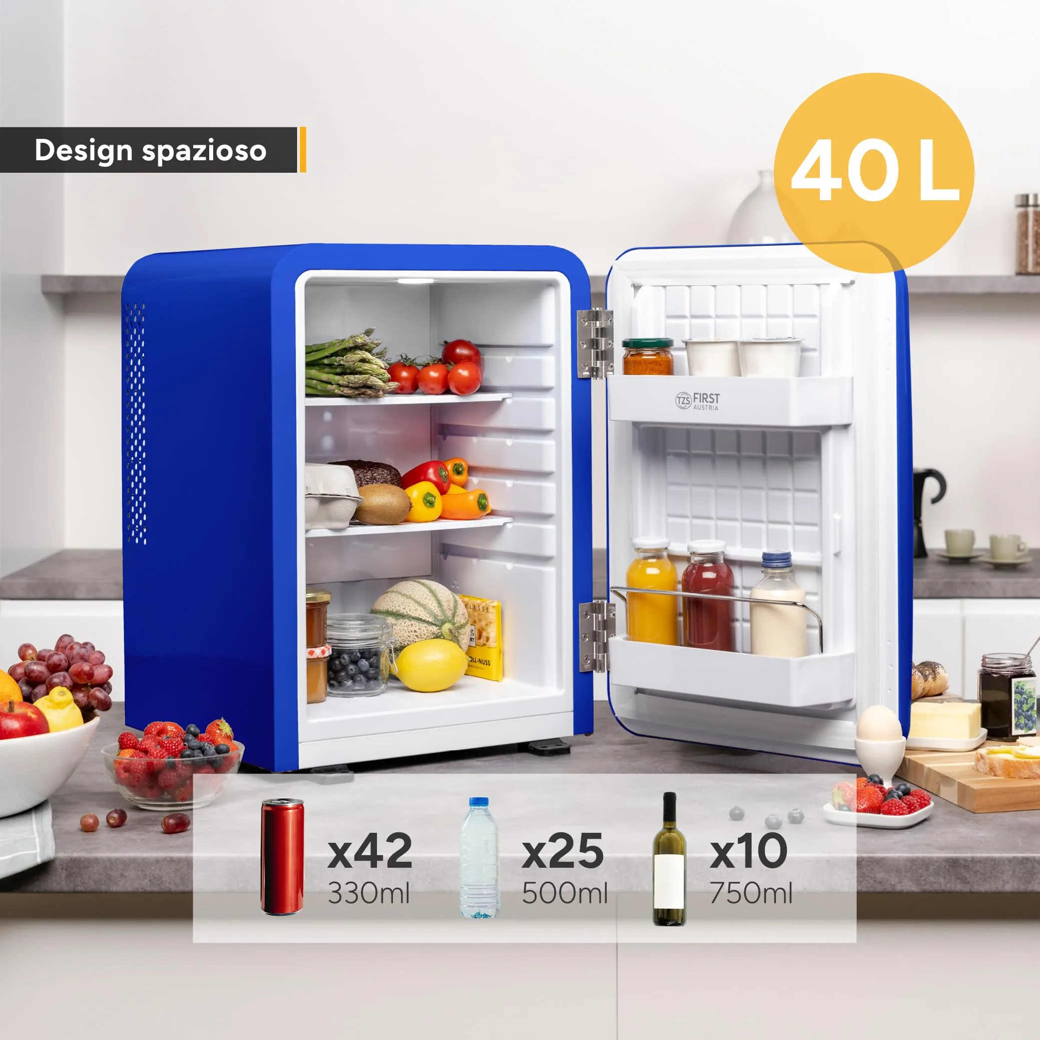 TZS First Austria - Mini Frigo Retro 40L - Silenzioso 22dB - Senza Compressore per Camera e Ufficio - Blu scuro - Frigorifero per Bevande - Design Vintage - immagine 5