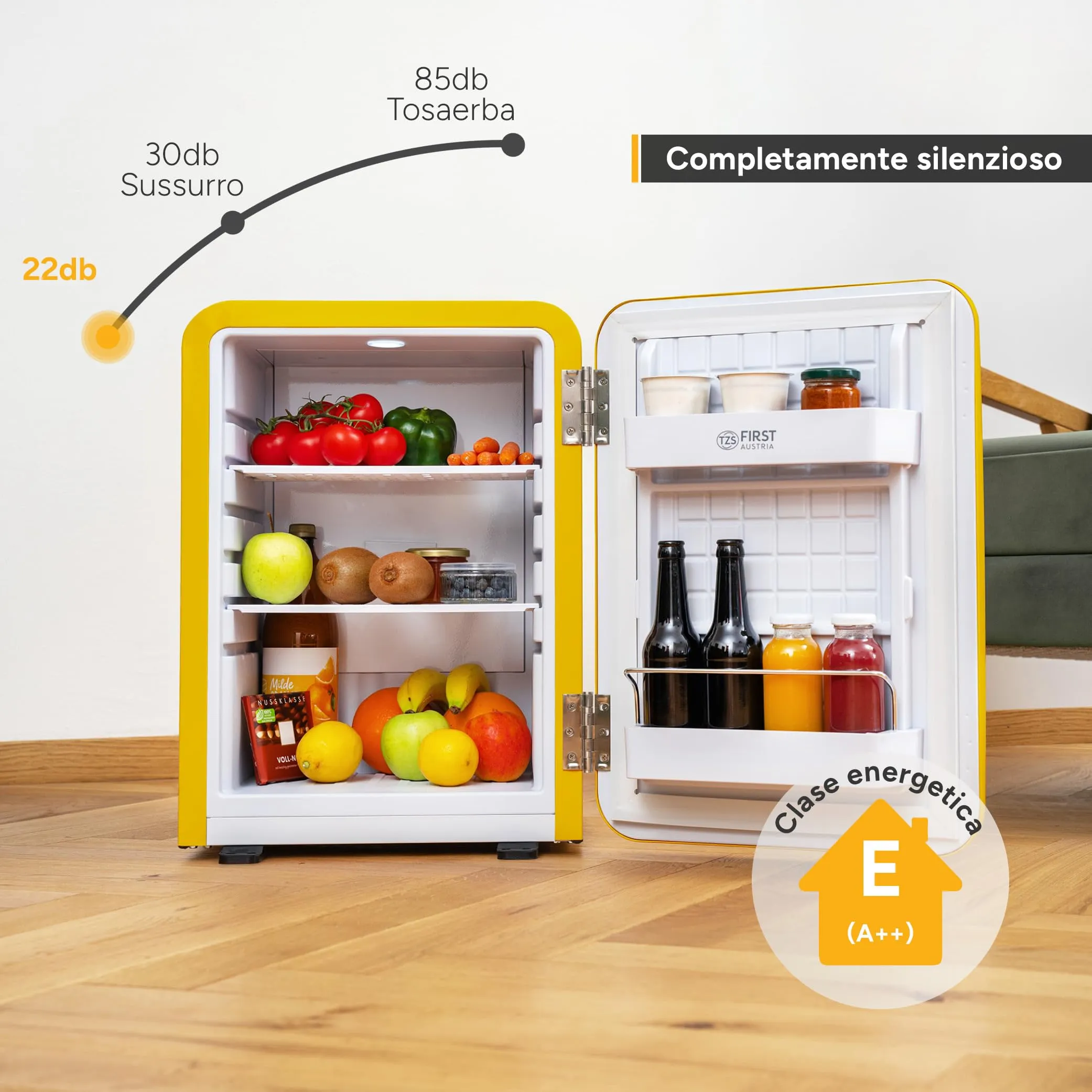 TZS First Austria - Mini Frigo Retro 40L - Silenzioso 22dB - Senza Compressore per Camera e Ufficio - Giallo - Frigorifero per Bevande - Design Vintage - immagine 3