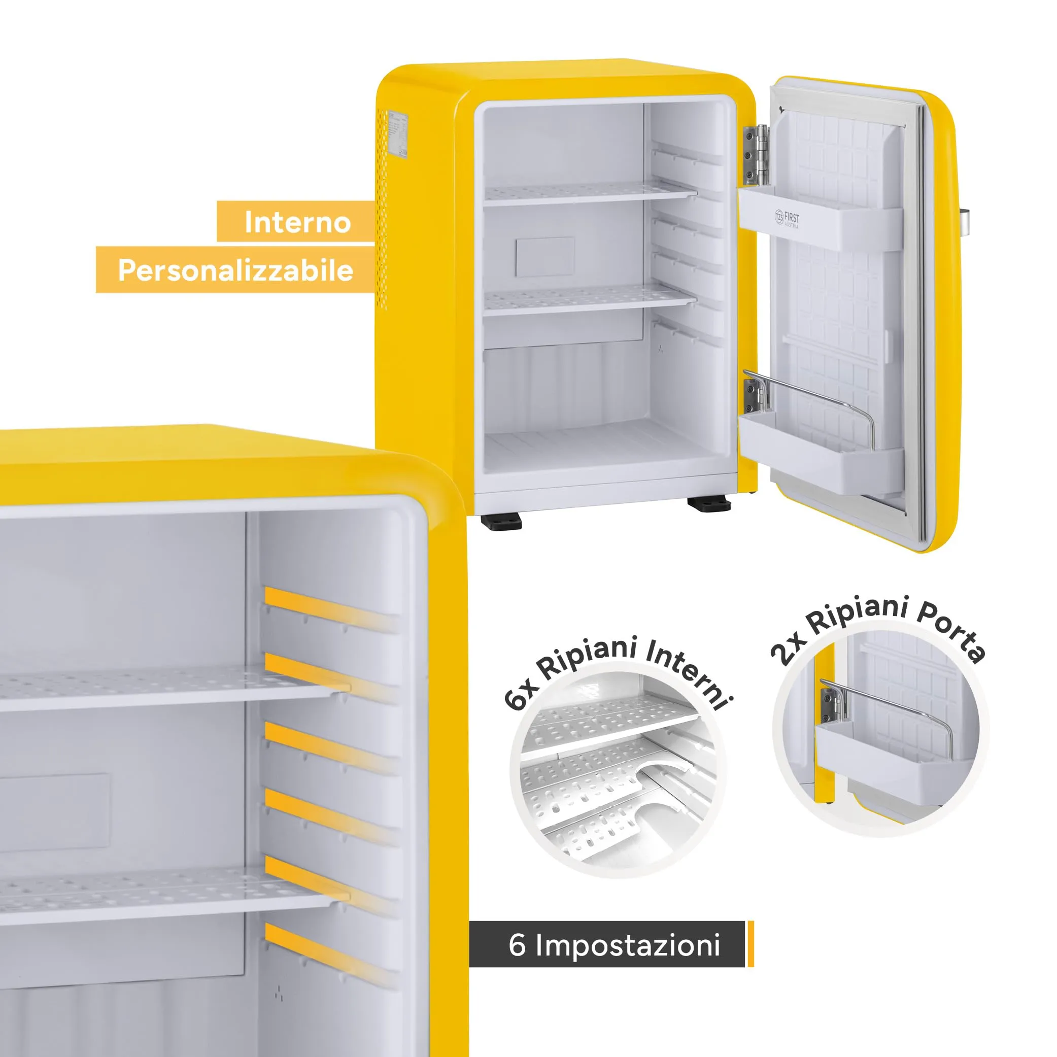TZS First Austria - Mini Frigo Retro 40L - Silenzioso 22dB - Senza Compressore per Camera e Ufficio - Giallo - Frigorifero per Bevande - Design Vintage - immagine 4