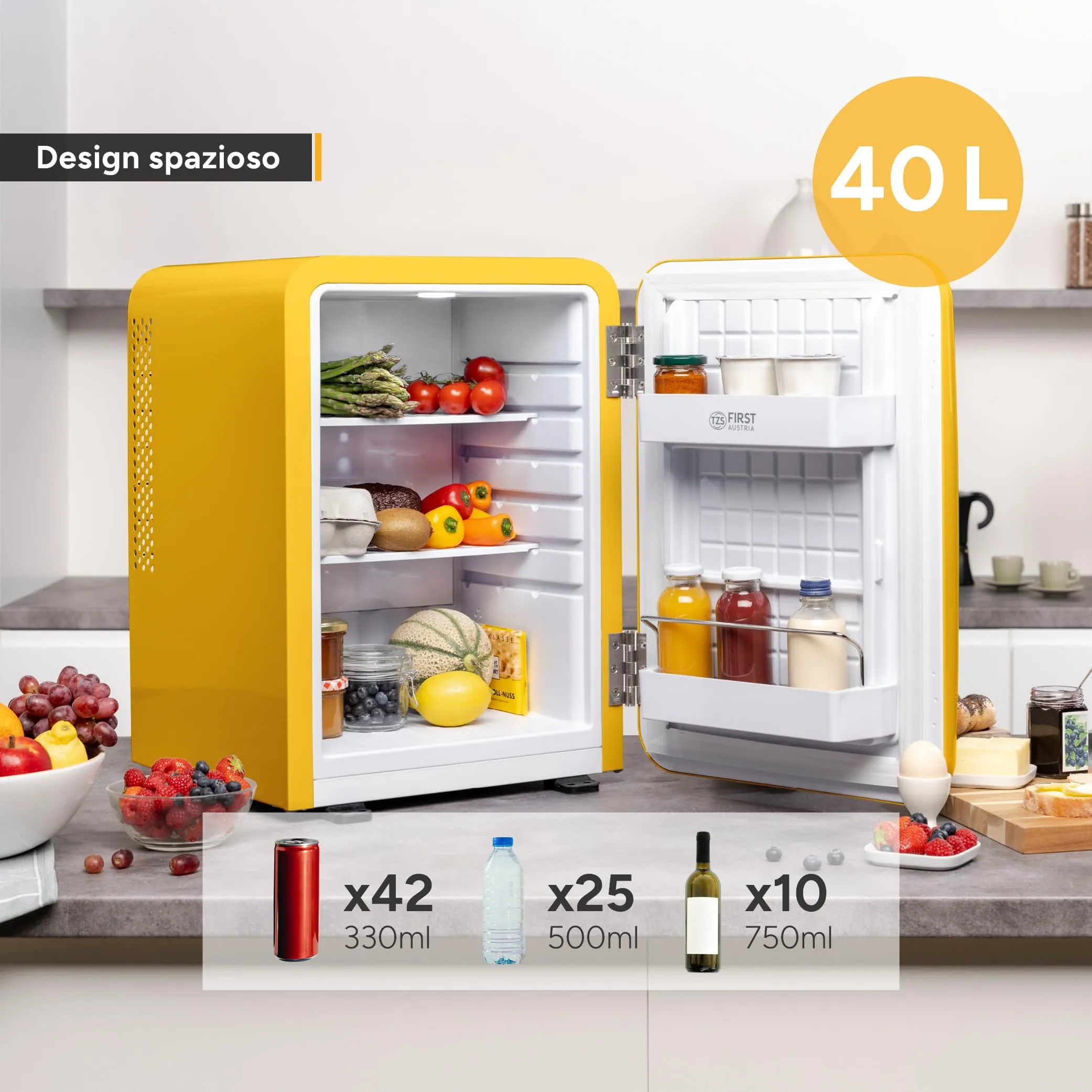 TZS First Austria - Mini Frigo Retro 40L - Silenzioso 22dB - Senza Compressore per Camera e Ufficio - Giallo - Frigorifero per Bevande - Design Vintage - immagine 5