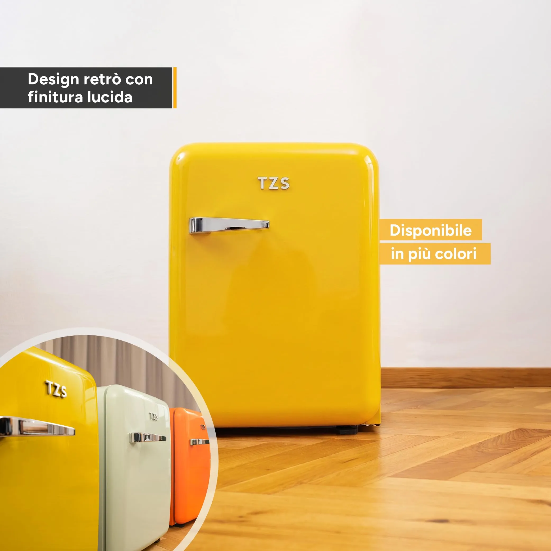 TZS First Austria - Mini Frigo Retro 40L - Silenzioso 22dB - Senza Compressore per Camera e Ufficio - Giallo - Frigorifero per Bevande - Design Vintage - immagine 6