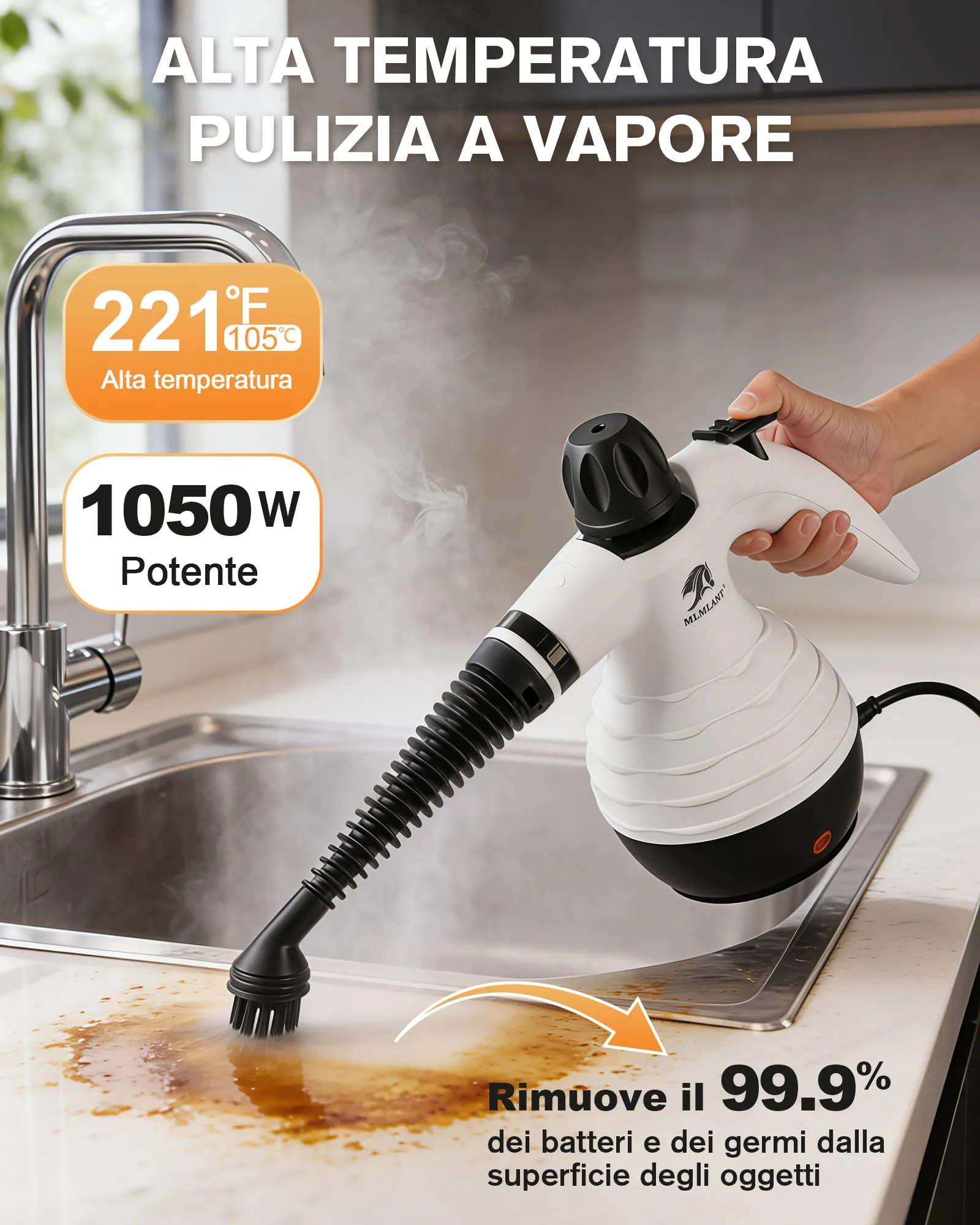 MLMLANT Pulitrice a Vapore Portatile, Steam Cleaner con 10 Accessori - immagine 2