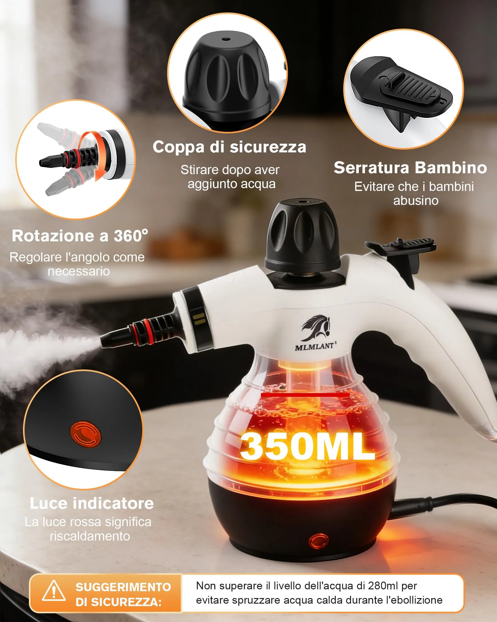 MLMLANT Pulitrice a Vapore Portatile, Steam Cleaner con 10 Accessori - immagine 4