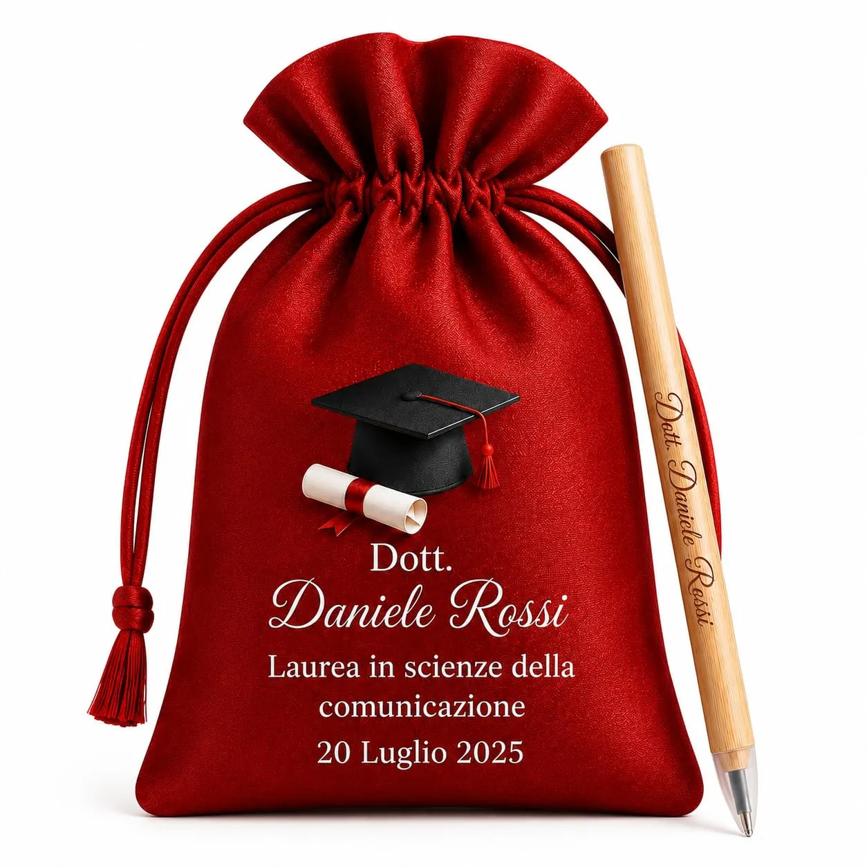 Kit Bomboniera Laurea Personalizzato con Matita Eterna e Sacchetto in Raso – 12 Sacchetti Personalizzati + 12 Matite in Bamboo con Stampa UV – Bomboniera Laurea Ricordo Originale - immagine 1