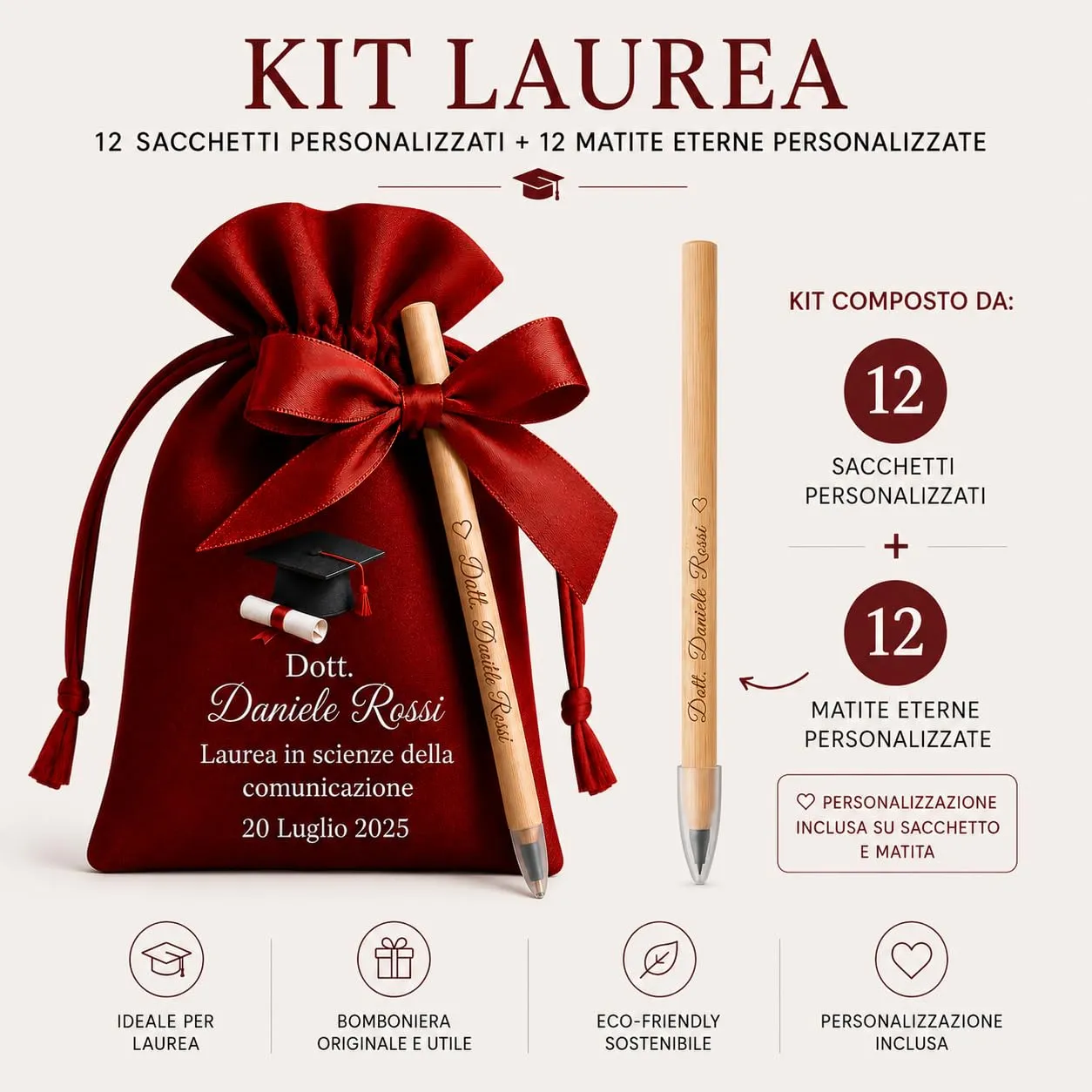 Kit Bomboniera Laurea Personalizzato con Matita Eterna e Sacchetto in Raso – 12 Sacchetti Personalizzati + 12 Matite in Bamboo con Stampa UV – Bomboniera Laurea Ricordo Originale - immagine 2