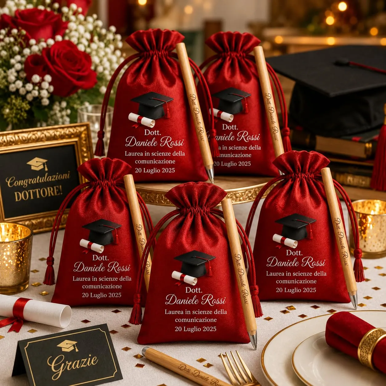 Kit Bomboniera Laurea Personalizzato con Matita Eterna e Sacchetto in Raso – 12 Sacchetti Personalizzati + 12 Matite in Bamboo con Stampa UV – Bomboniera Laurea Ricordo Originale - immagine 3