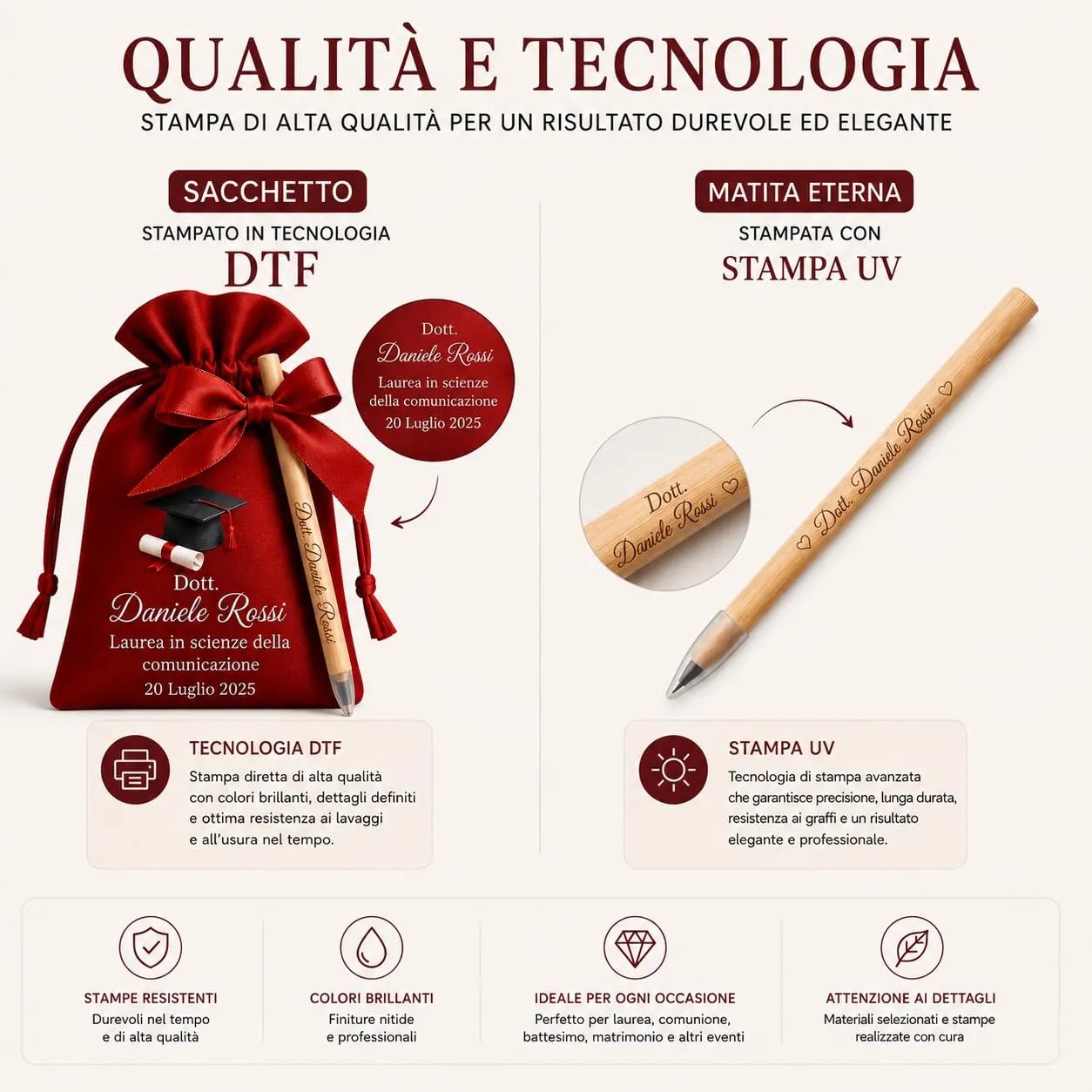 Kit Bomboniera Laurea Personalizzato con Matita Eterna e Sacchetto in Raso – 12 Sacchetti Personalizzati + 12 Matite in Bamboo con Stampa UV – Bomboniera Laurea Ricordo Originale - immagine 5