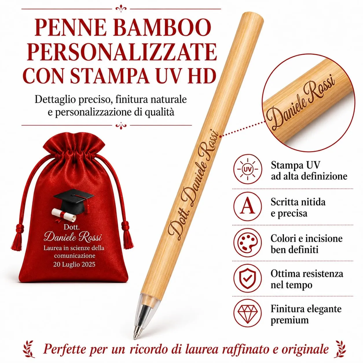 Kit Bomboniera Laurea Personalizzato con Matita Eterna e Sacchetto in Raso – 12 Sacchetti Personalizzati + 12 Matite in Bamboo con Stampa UV – Bomboniera Laurea Ricordo Originale - immagine 6
