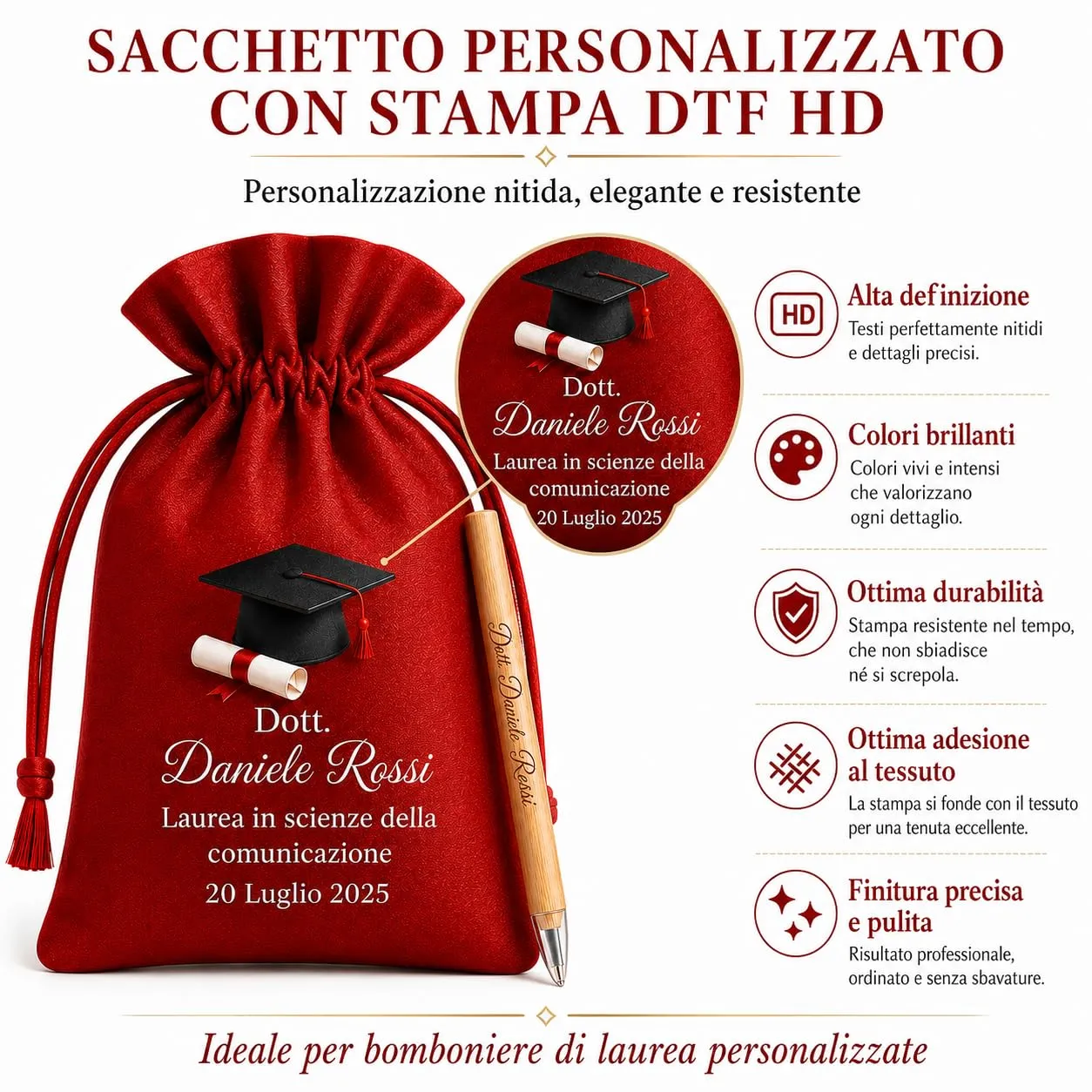 Kit Bomboniera Laurea Personalizzato con Matita Eterna e Sacchetto in Raso – 12 Sacchetti Personalizzati + 12 Matite in Bamboo con Stampa UV – Bomboniera Laurea Ricordo Originale - immagine 7