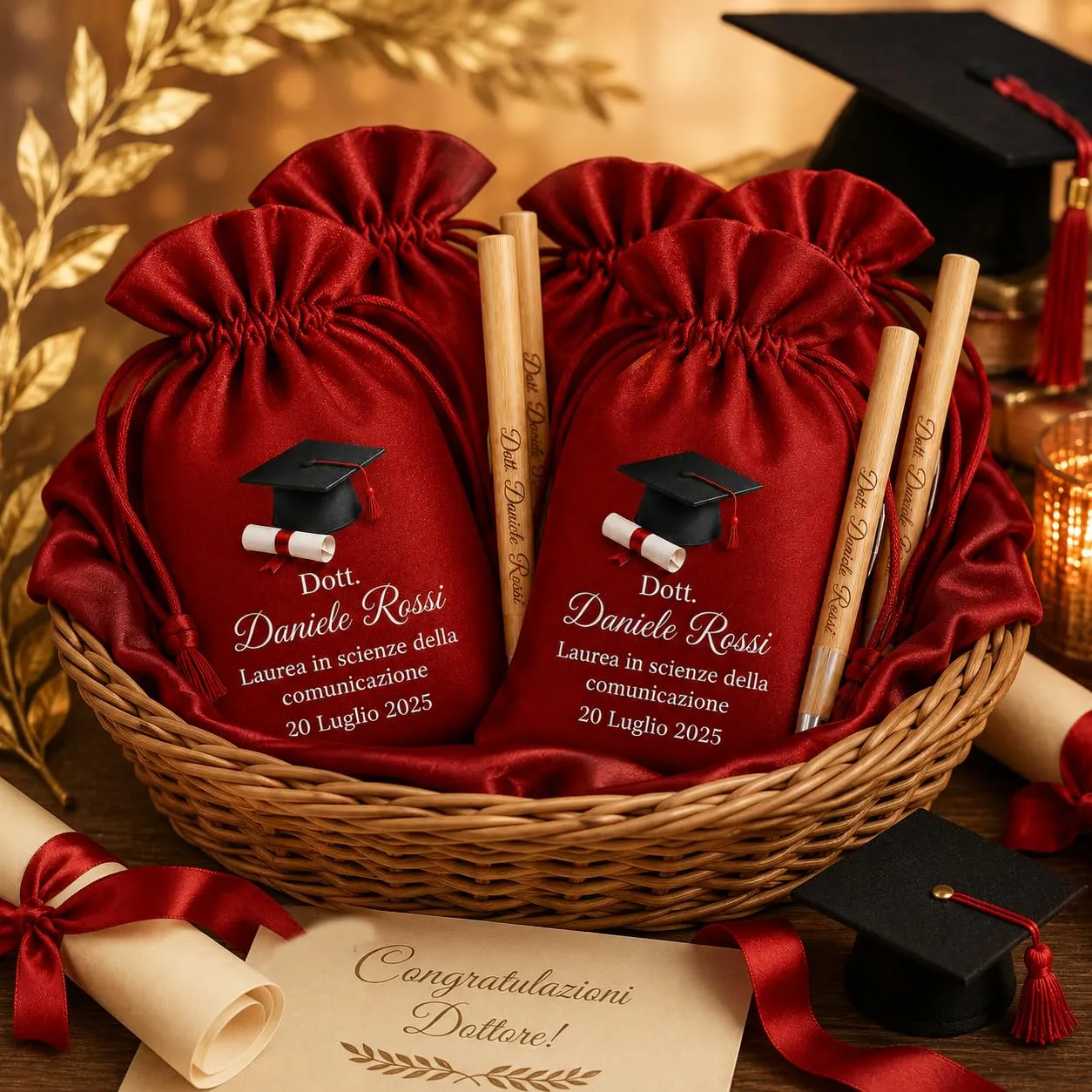 Kit Bomboniera Laurea Personalizzato con Matita Eterna e Sacchetto in Raso – 12 Sacchetti Personalizzati + 12 Matite in Bamboo con Stampa UV – Bomboniera Laurea Ricordo Originale - immagine 8