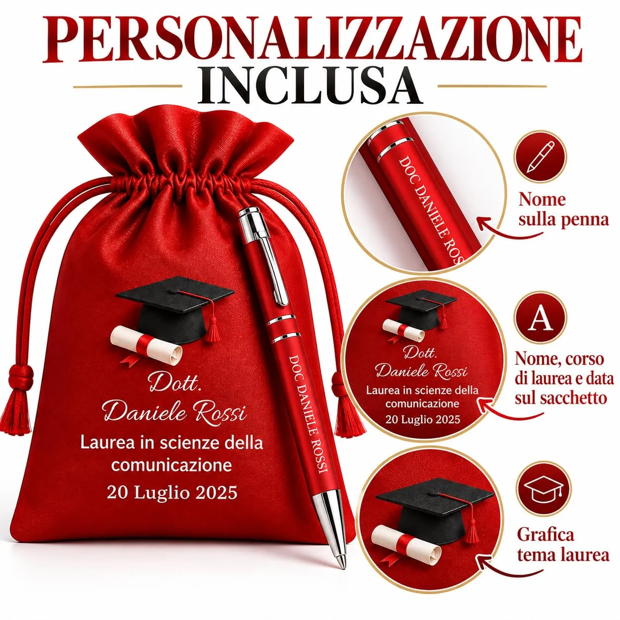 Cormar Kit Bomboniere Laurea Personalizzate, Rosso, 12 Sacchetti in Raso con 12 Penne Personalizzate, Nome, Facoltà e Data (STILE 1) - immagine 2