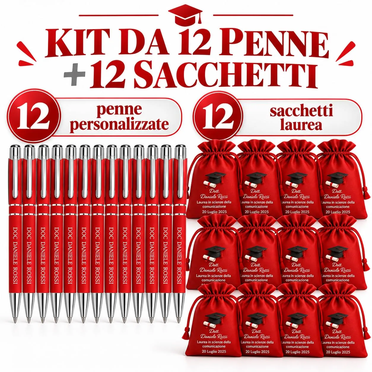Cormar Kit Bomboniere Laurea Personalizzate, Rosso, 12 Sacchetti in Raso con 12 Penne Personalizzate, Nome, Facoltà e Data (STILE 1) - immagine 3