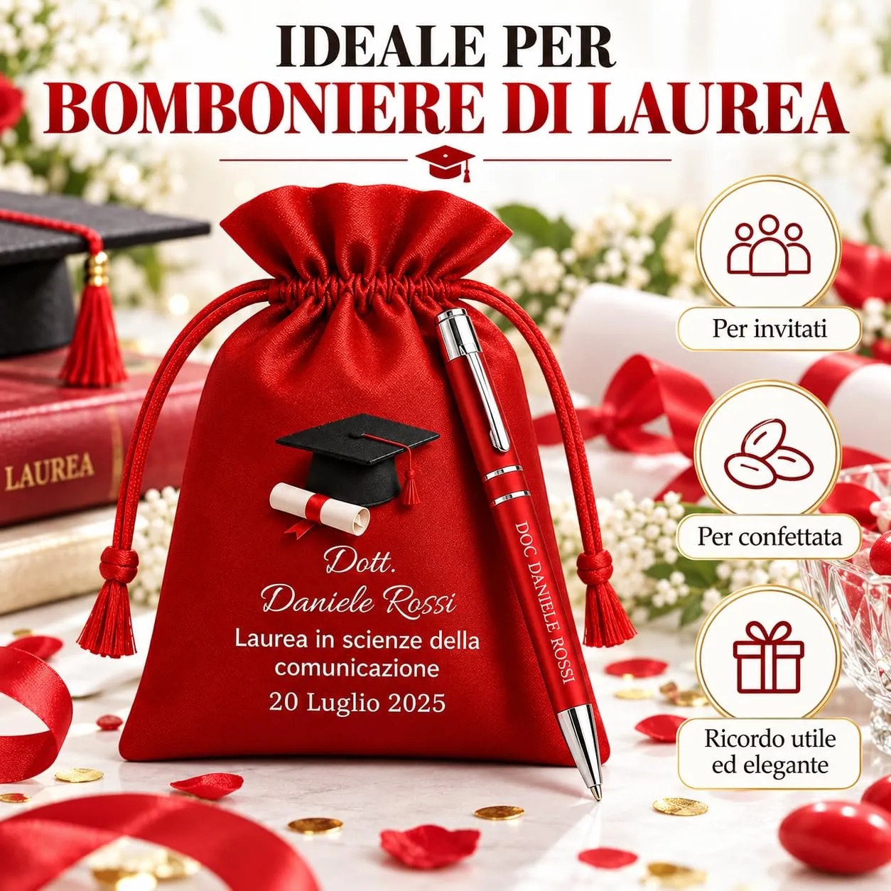 Cormar Kit Bomboniere Laurea Personalizzate, Rosso, 12 Sacchetti in Raso con 12 Penne Personalizzate, Nome, Facoltà e Data (STILE 1) - immagine 4