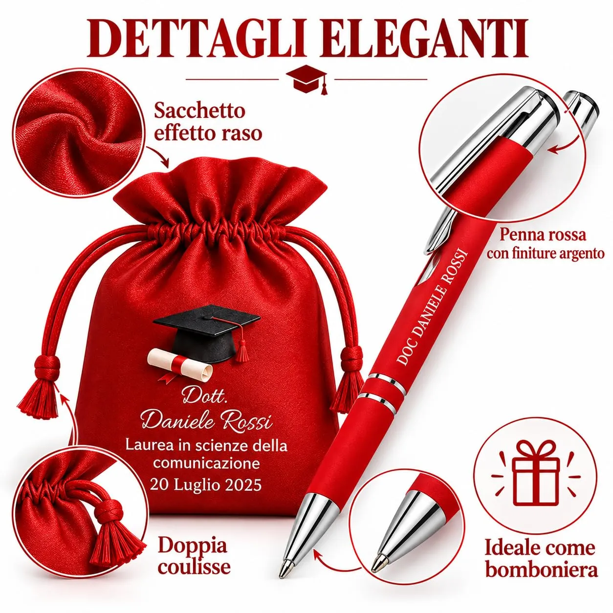 Cormar Kit Bomboniere Laurea Personalizzate, Rosso, 12 Sacchetti in Raso con 12 Penne Personalizzate, Nome, Facoltà e Data (STILE 1) - immagine 5