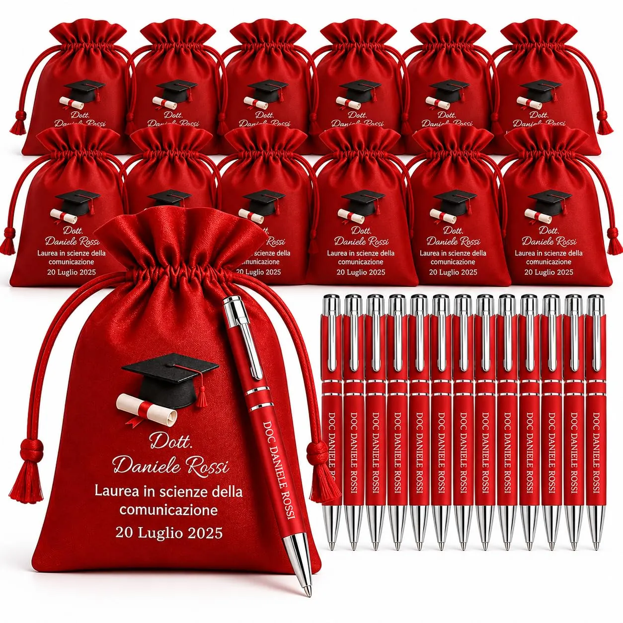Cormar Kit Bomboniere Laurea Personalizzate, Rosso, 12 Sacchetti in Raso con 12 Penne Personalizzate, Nome, Facoltà e Data (STILE 1) - immagine 6