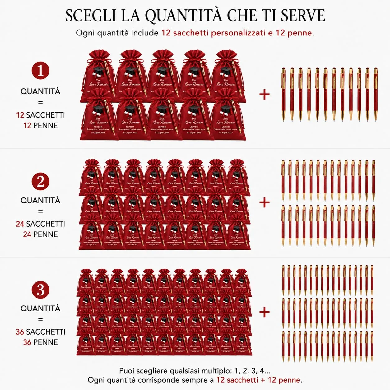 Cormar Kit Bomboniere Laurea Personalizzate, Rosso, 12 Sacchetti in Raso con 12 Penne Personalizzate, Nome, Facoltà e Data (STILE 3) - immagine 2