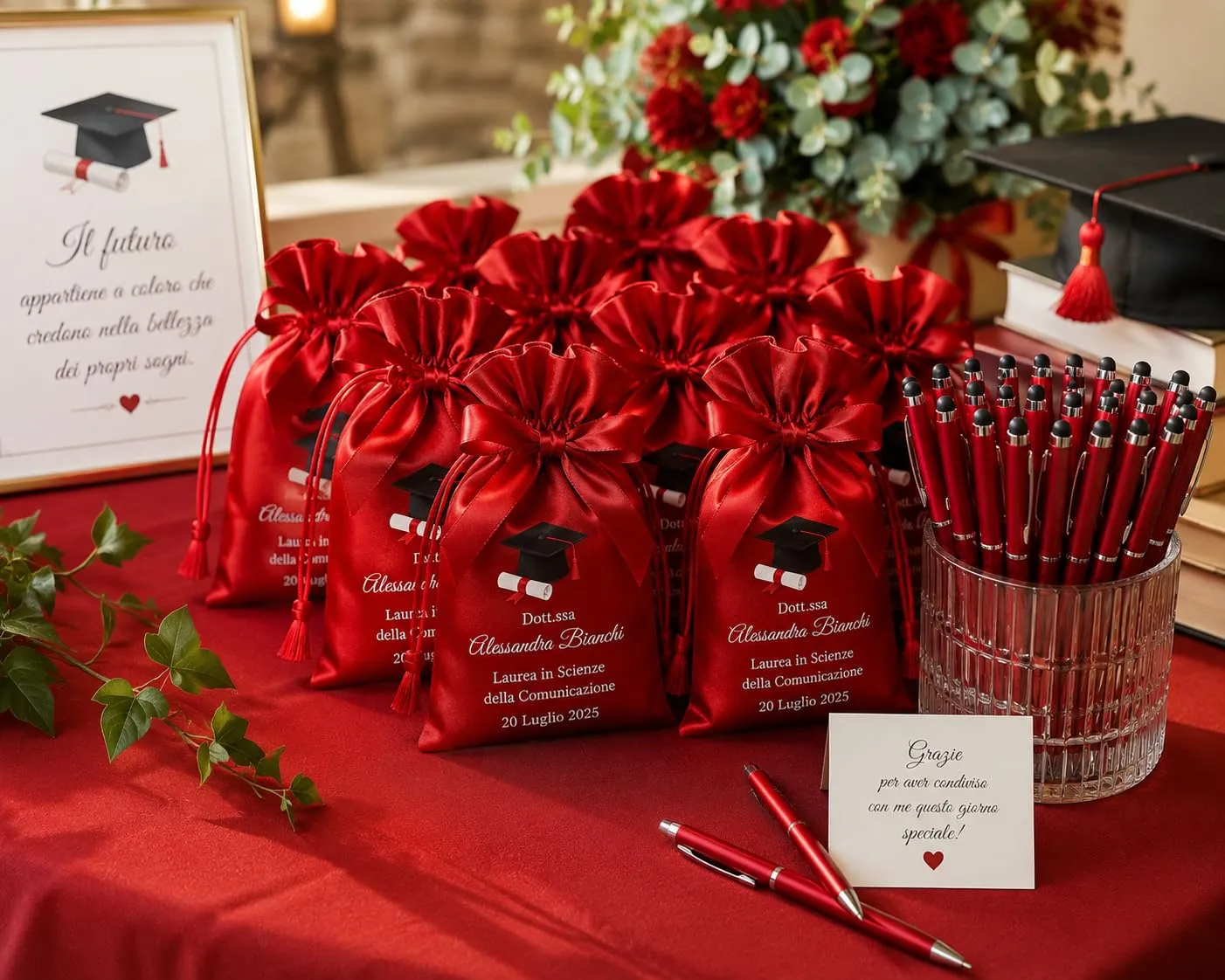 Cormar Kit Bomboniere Laurea Personalizzate, Rosso, 12 Sacchetti in Raso con 12 Penne Personalizzate, Nome, Facoltà e Data (STILE 3) - immagine 3