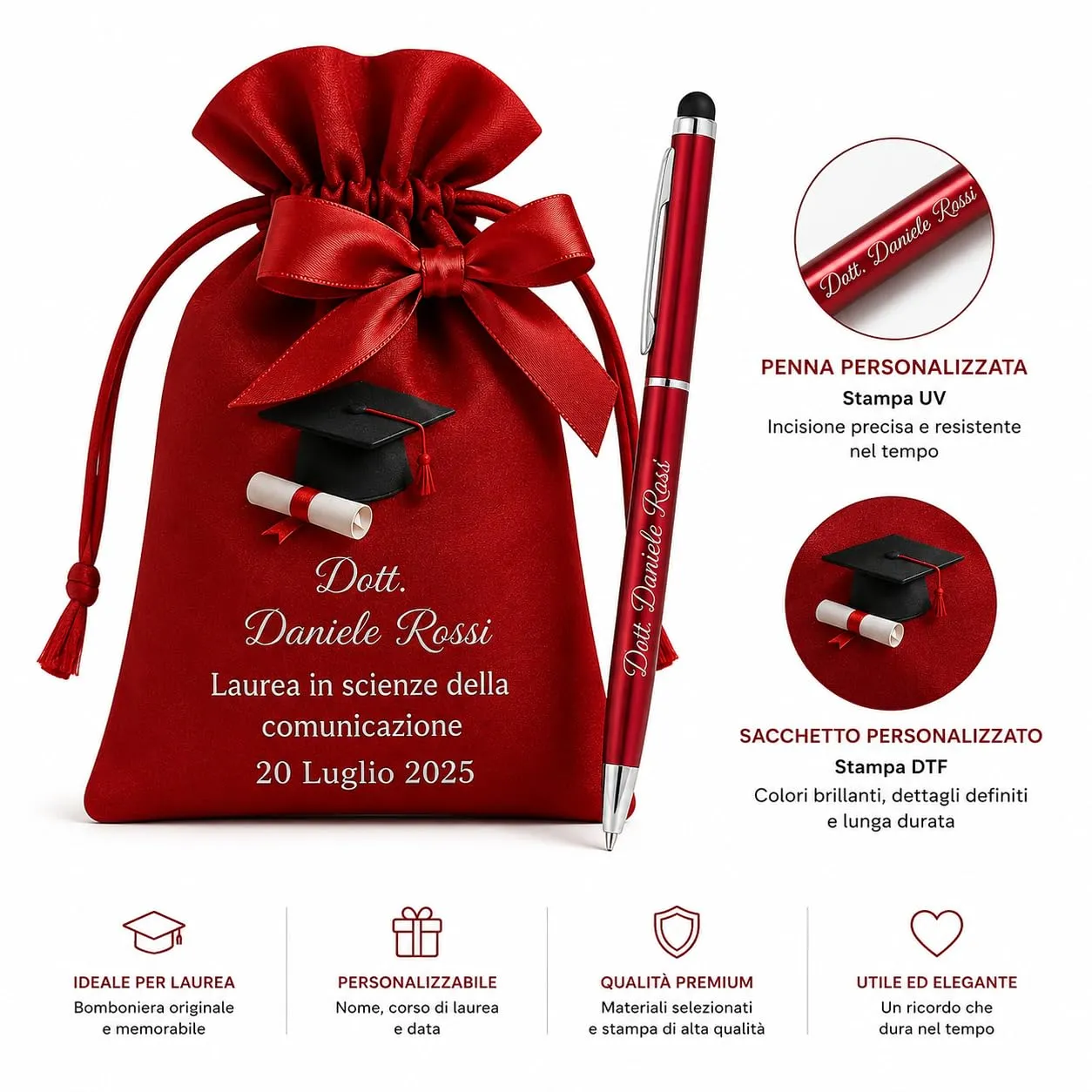 Cormar Kit Bomboniere Laurea Personalizzate, Rosso, 12 Sacchetti in Raso con 12 Penne Personalizzate, Nome, Facoltà e Data (STILE 3) - immagine 4
