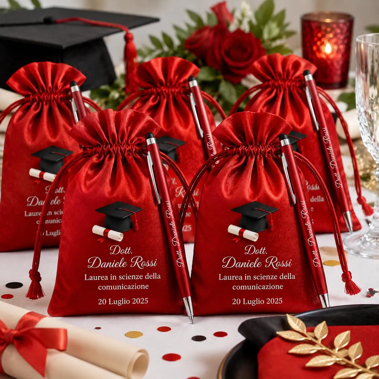 Cormar Kit Bomboniere Laurea Personalizzate, Rosso, 12 Sacchetti in Raso con 12 Penne Personalizzate, Nome, Facoltà e Data (STILE 3) - immagine 6